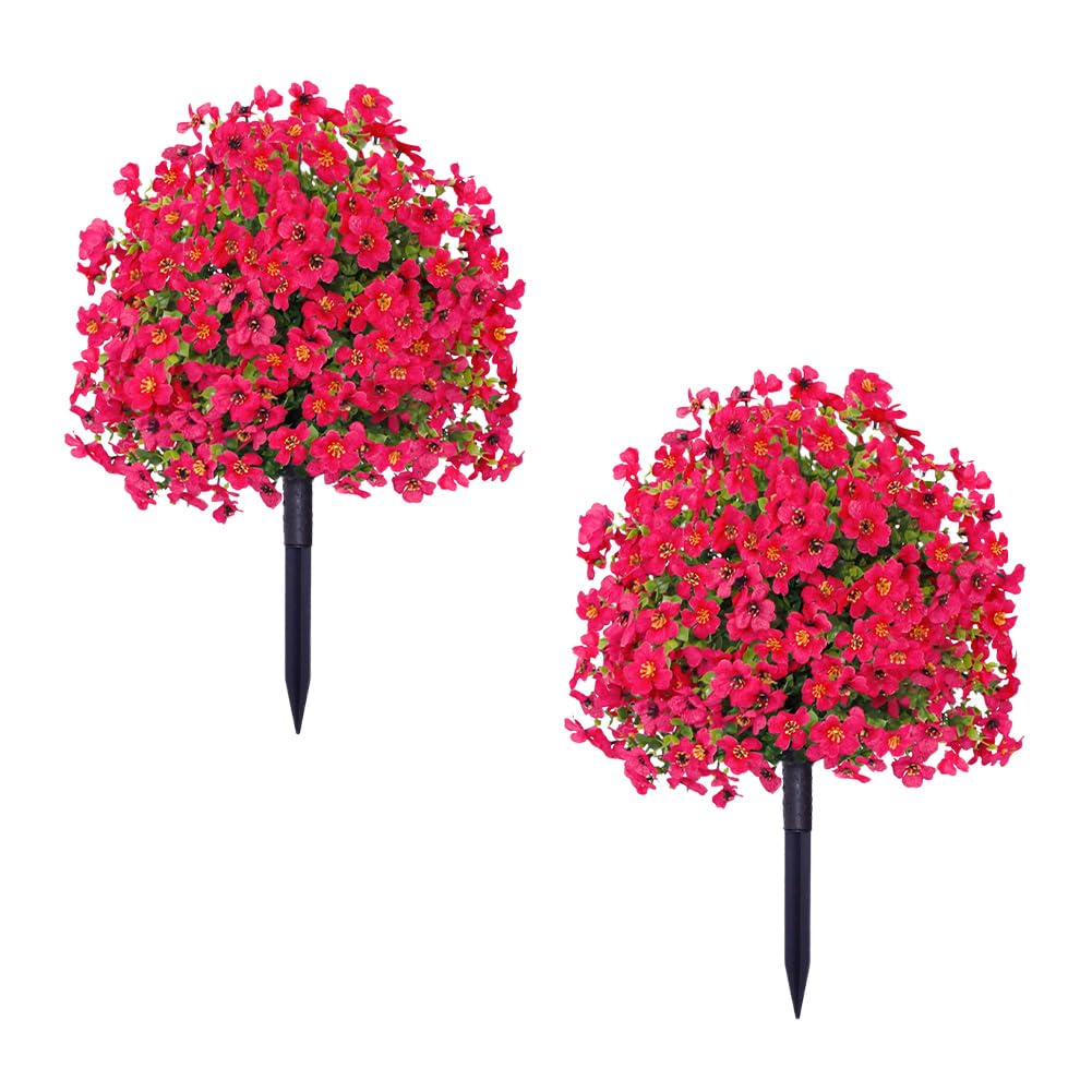 Garvee 2 Pcs 24 Inch Artificial Flowers with Ground Spike Fake Fabric Flowers Faux Plants for Indoor Outdoor Garden Porch Home Wedding Decor UV Resistant Red