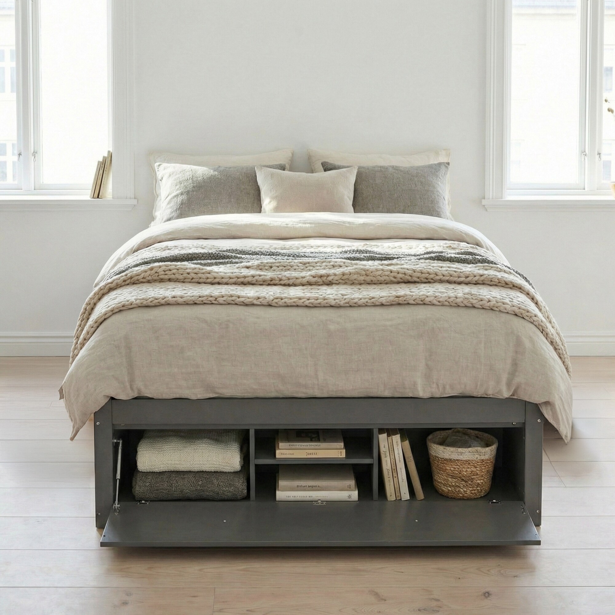 CHITA Queen Gray Platform Bed Frame with Lift-Up Underbed Storage and 4 ...
