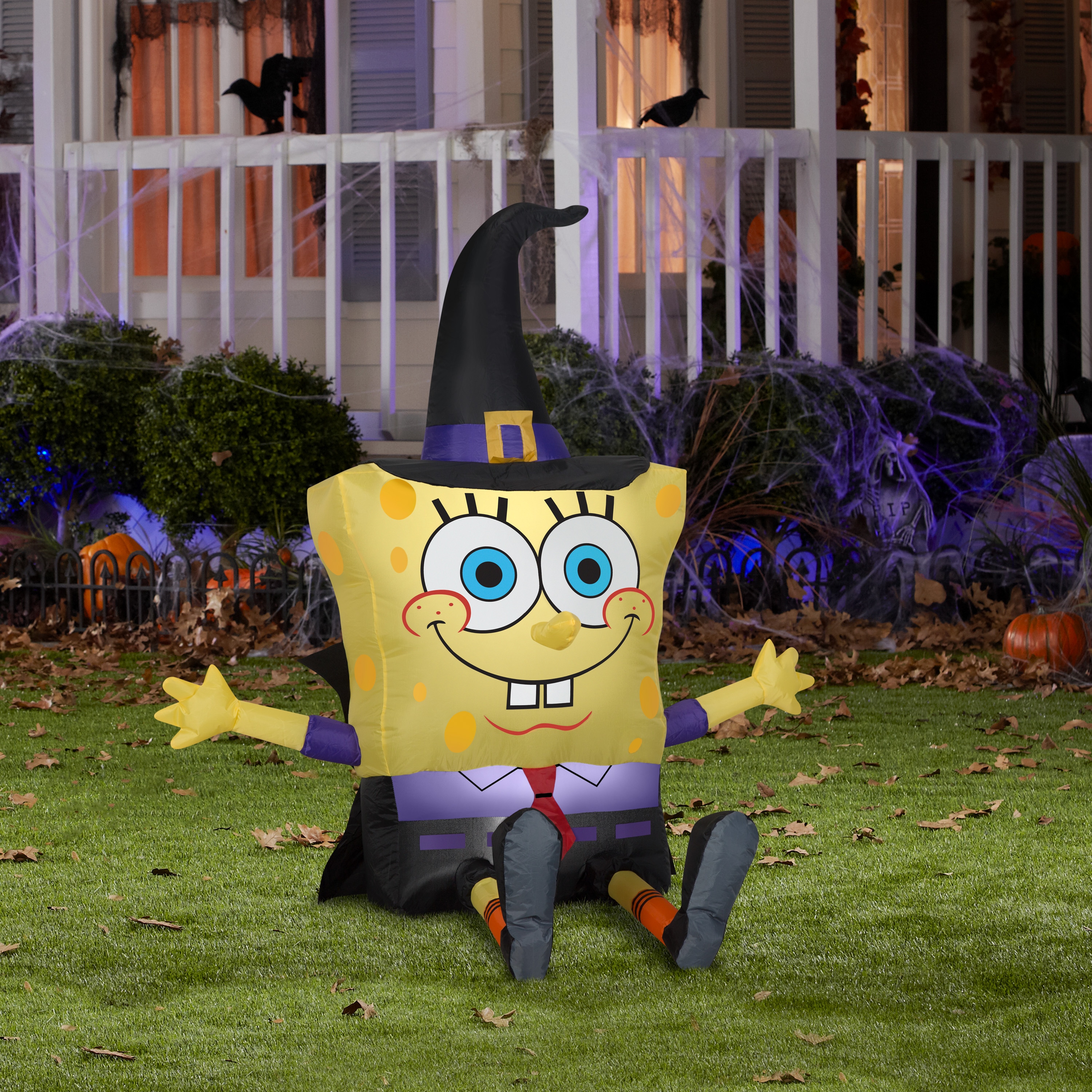 Gemmy 4 Ft Lighted Nickelodeon Spongebob Squarepants Witch Inflatable In The Outdoor Halloween