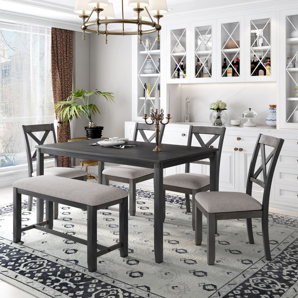 JASMODER ST000061AAE 6-Piece Kitchen Dining Table Set Wooden Rectangular Dining Table, 4 Fabric Chairs And Bench Family Furniture (Grey)