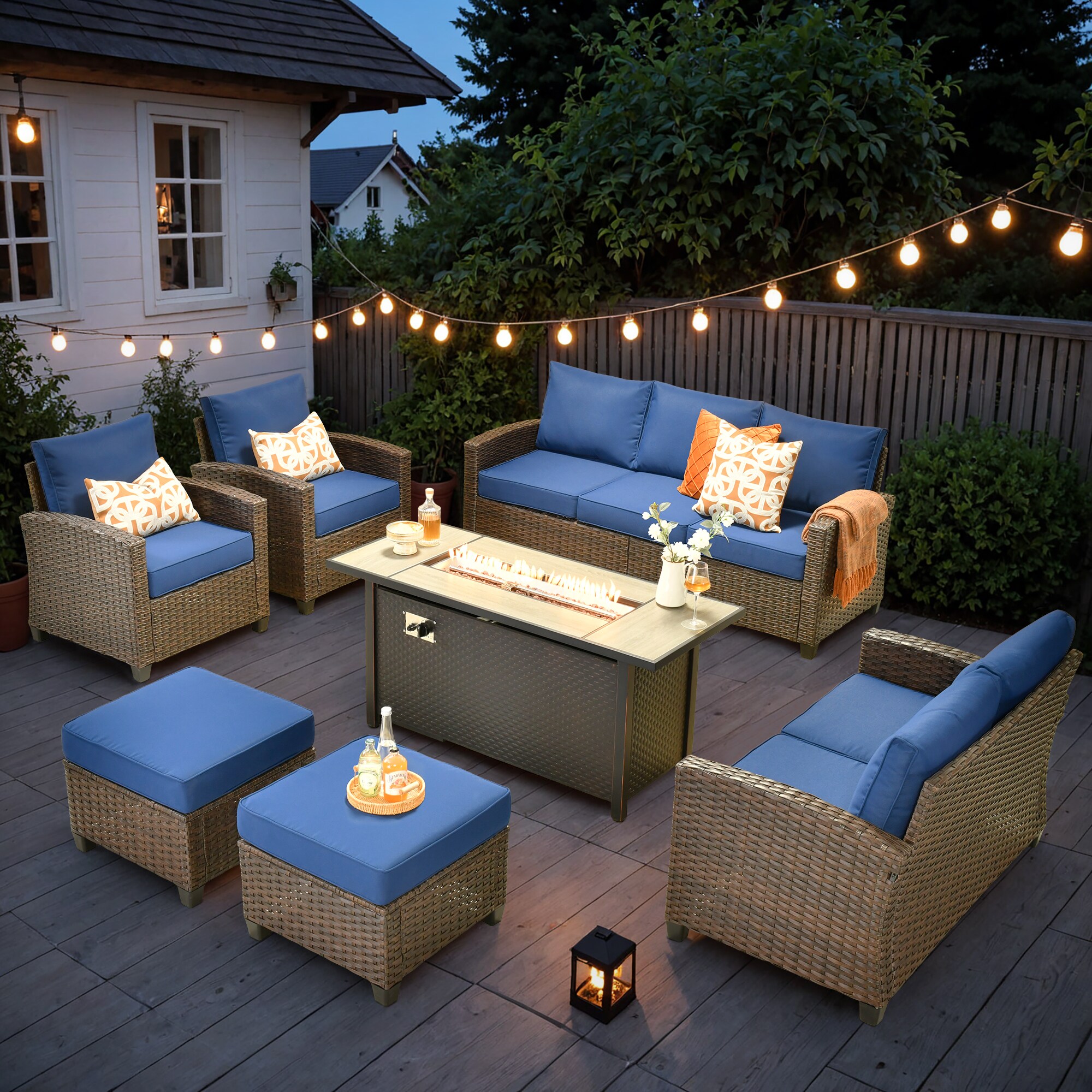 Caodoc L5-GYPRS702-1 GYPRS Wicker Outdoor Sectional with Blue Cushions and Wicker Frame