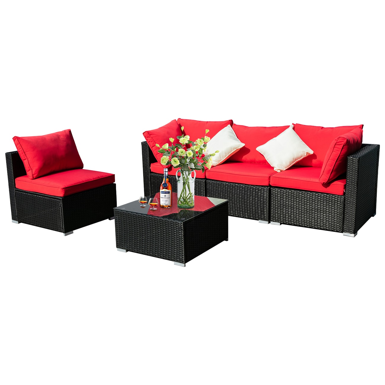 Ainfox K5WNHNSRD Patio Conversation Sets 5 -Piece Rattan Patio Conversation Set with Red Cushions