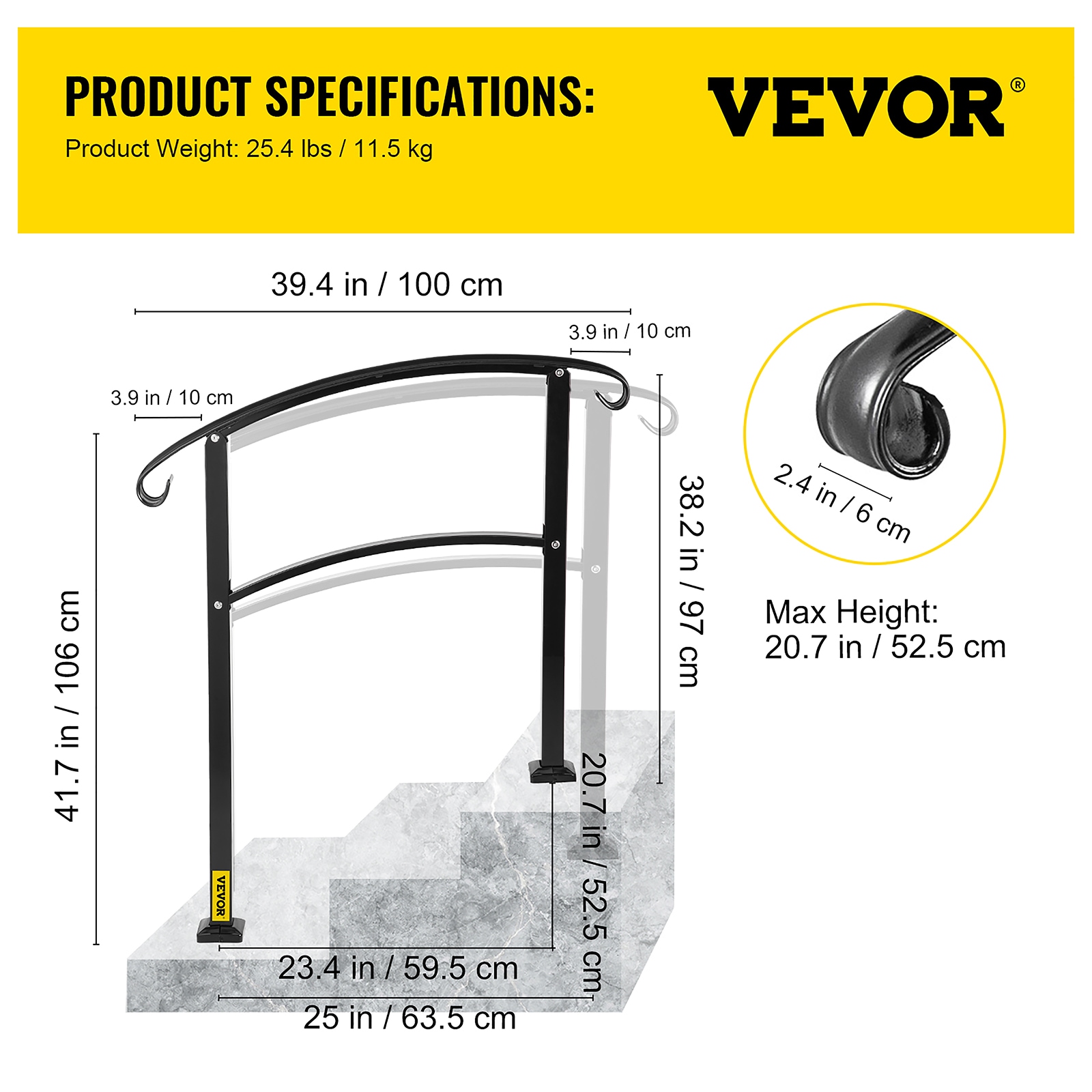 VEVOR Handrails Stair Railing 2-ft x 42-in Black Steel Deck Stair Rail ...