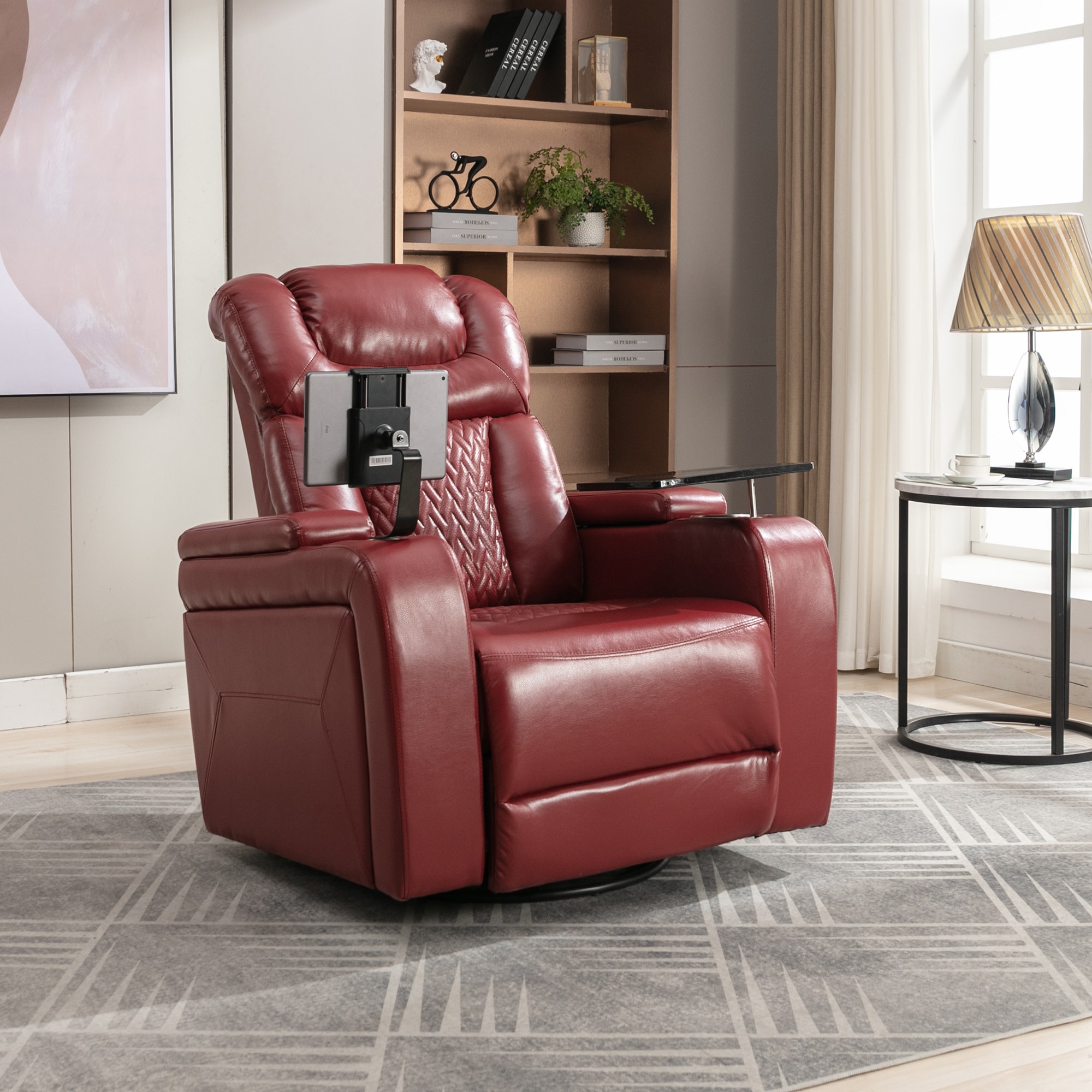 Nestfair RC0190J Red Leather Upholstered Swivel Powered Reclining Recliner with Lift Assistance