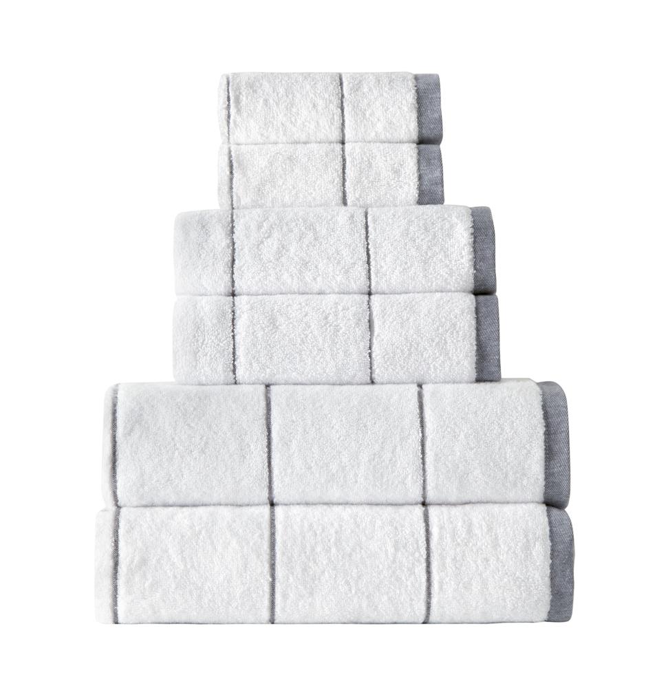 SaaSoh RYC-6PK-GRYS 6-Piece White with Grey Stripe Cotton Quick Dry Bath Towel Set (Raya)