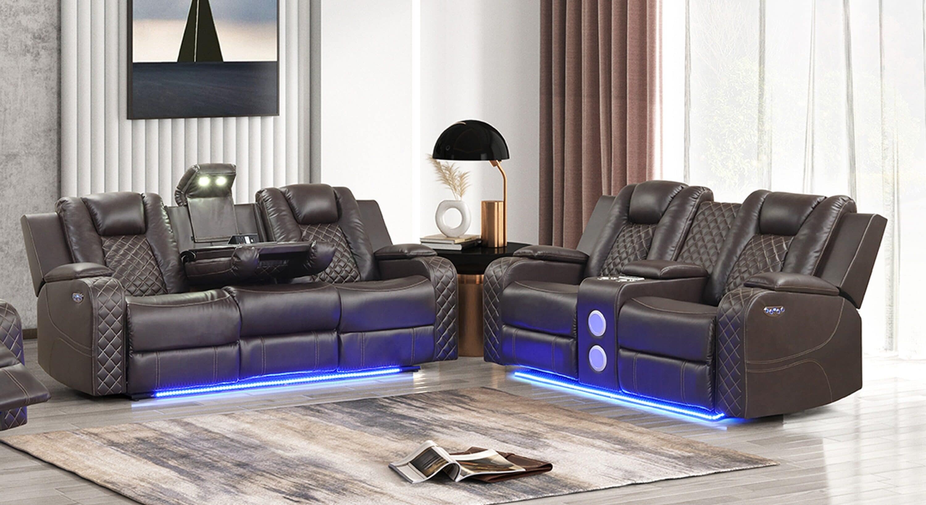 Brown Faux Leather Power Reclining Loveseat with LED Lights