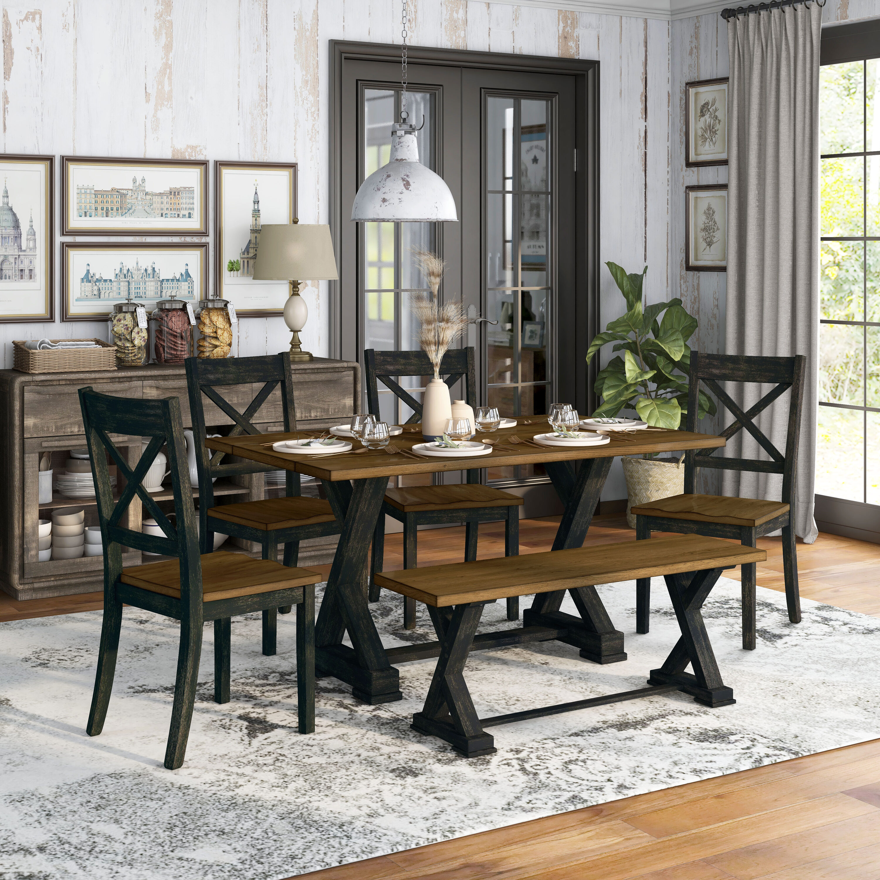 Furniture of America IDF-3167A-T-6PC Exeler Antique Oak Rustic Dining Room Set with Rectangular Table ( Seats 6 )