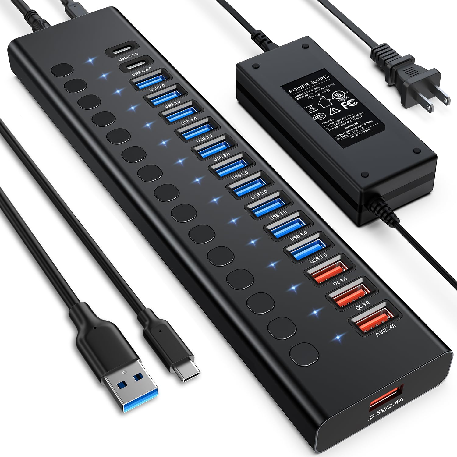 Etokfoks  16 Port USB 3 0 Hub Splitter with Individual Switches and 90W Power Adapter for Laptop Mac PC