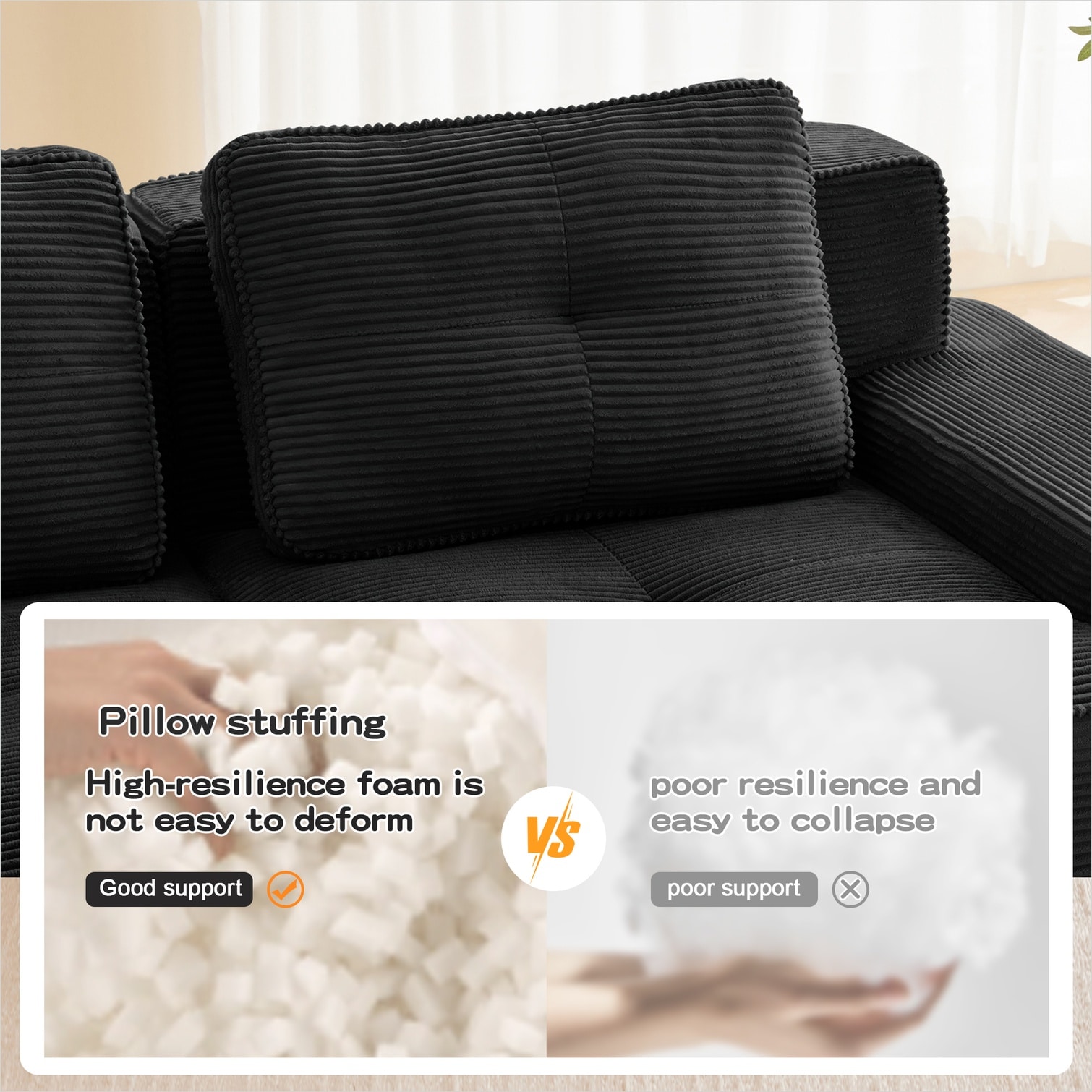 Watnature 82-inch L-Shape Modular Sectional Sofa Black Corduroy Modern ...
