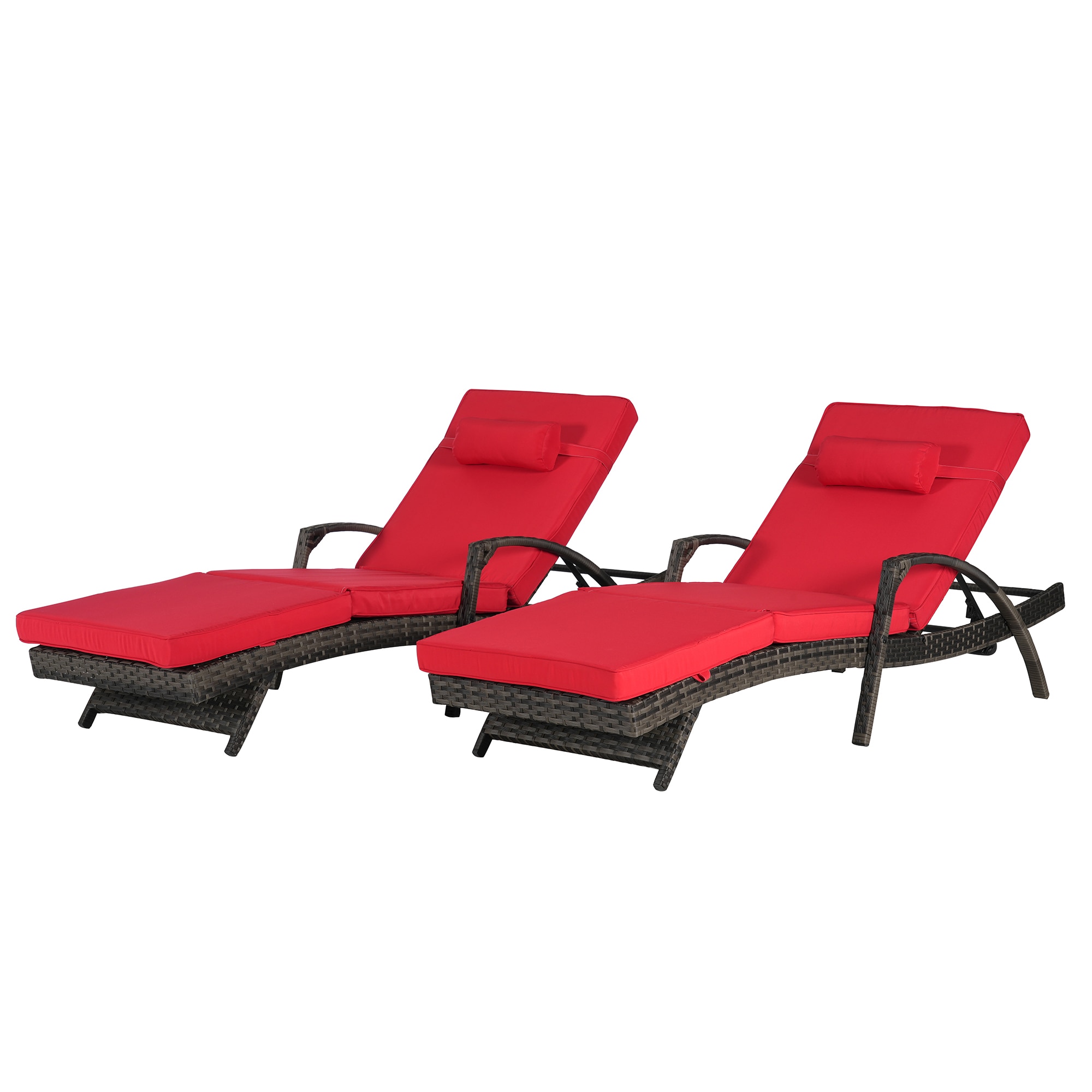 SINOFURN SYB670036RD Set of 2 Wicker Brown Metal Frame Stationary Recliner Chair with Red Cushioned Seat