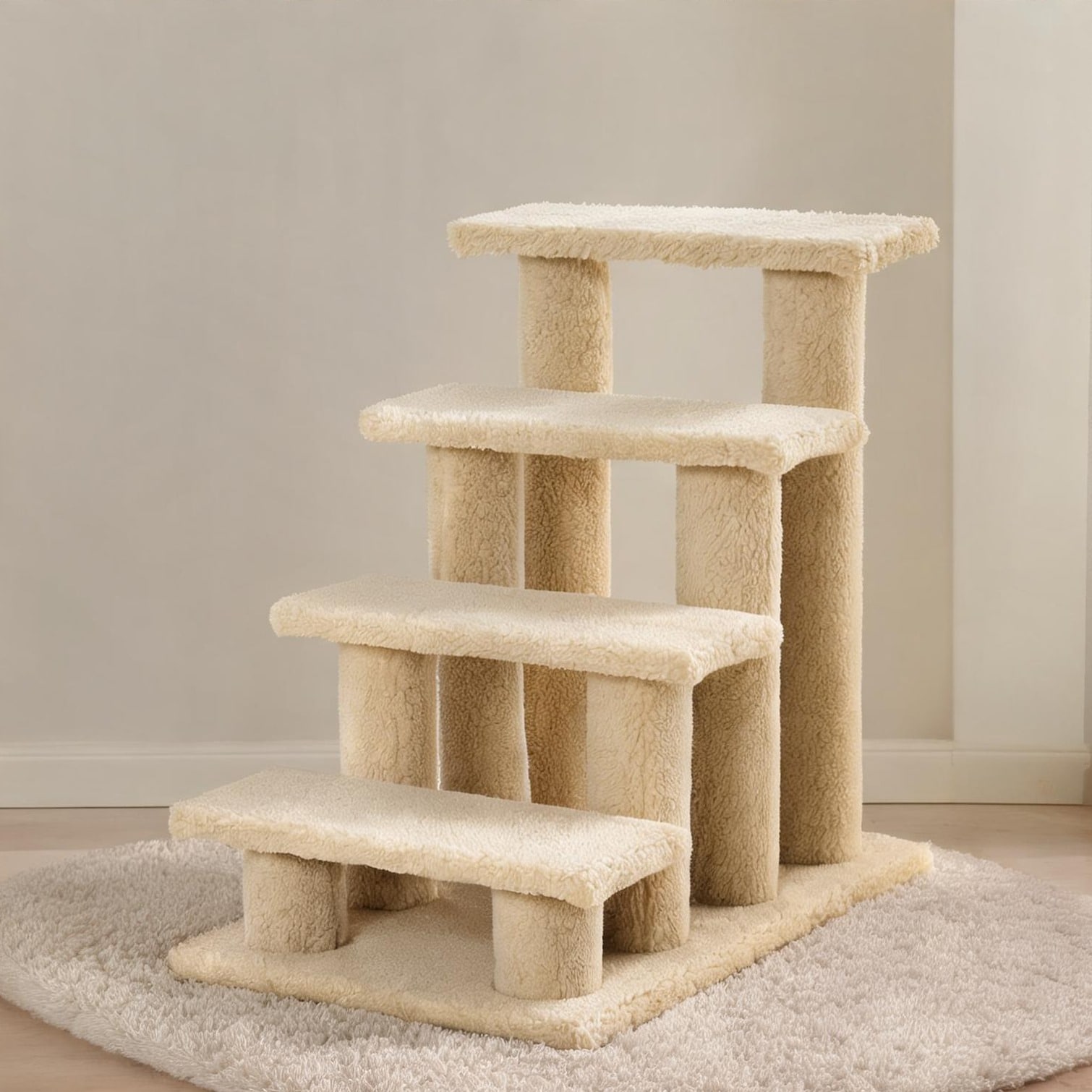 BBabe MDTQMSOFZKNS Small Senior Pets Pet Steps and Ramps combining Cream White Particle Board and Berber 25 Multi-Level Carpeted Ramp and Classic White 4-Step