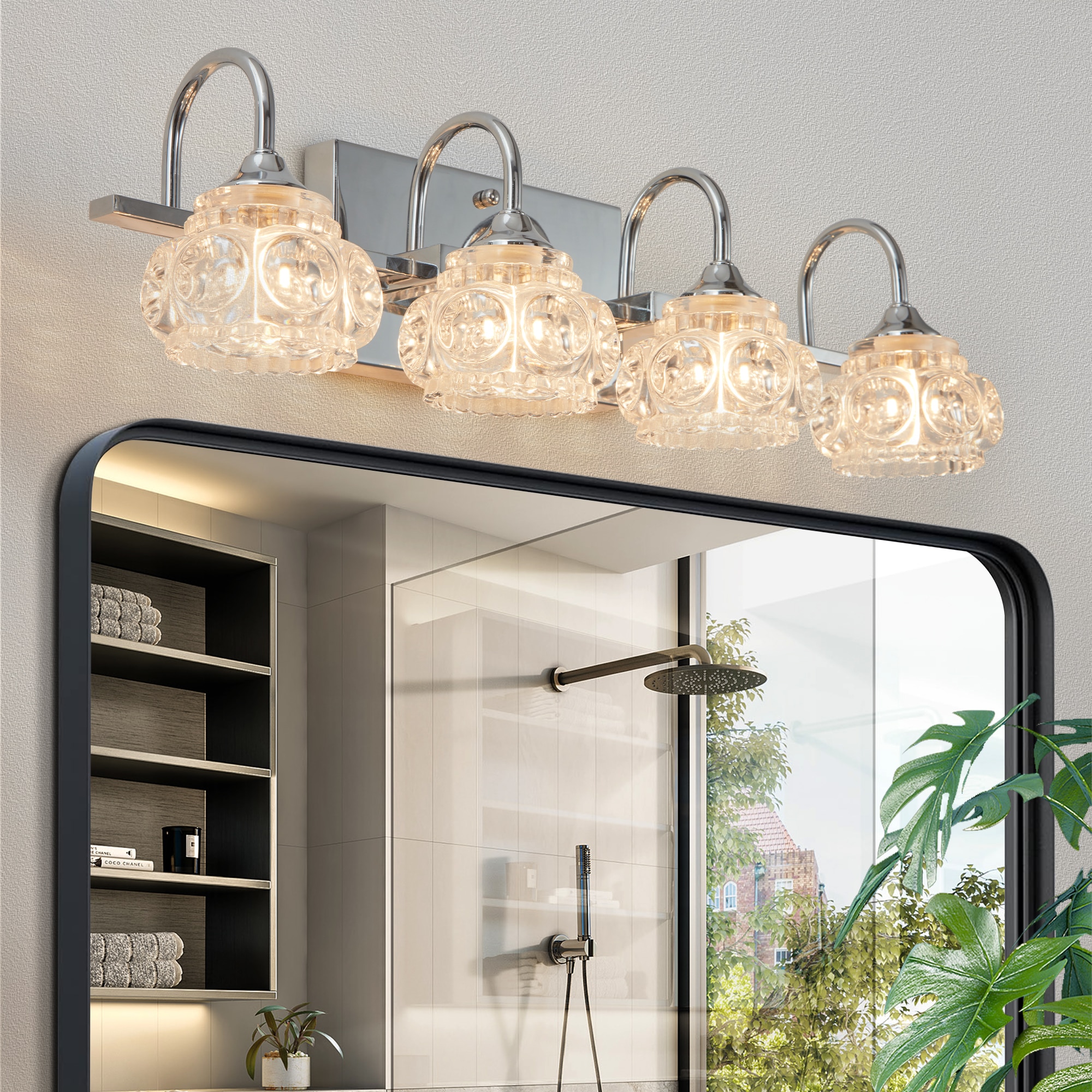 Tenleaf 23 Inches 4-Light Bathroom Vanity Light Nickel Finish Vintage Crystal Wall Sconce with Clear Glass Shades (No Bulbs)