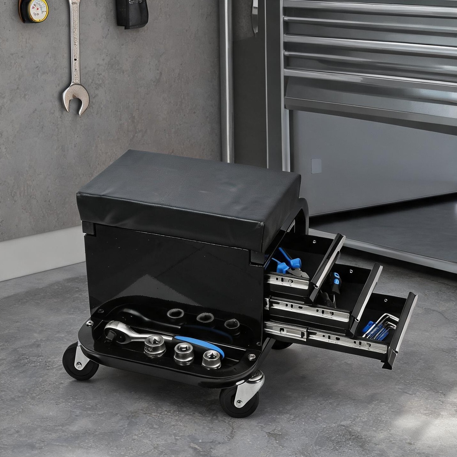 SunJet 14.4 x 15.7 x 14.4 in Tool Carts with Storage in Black Steel Swivel Seat 360 Casters