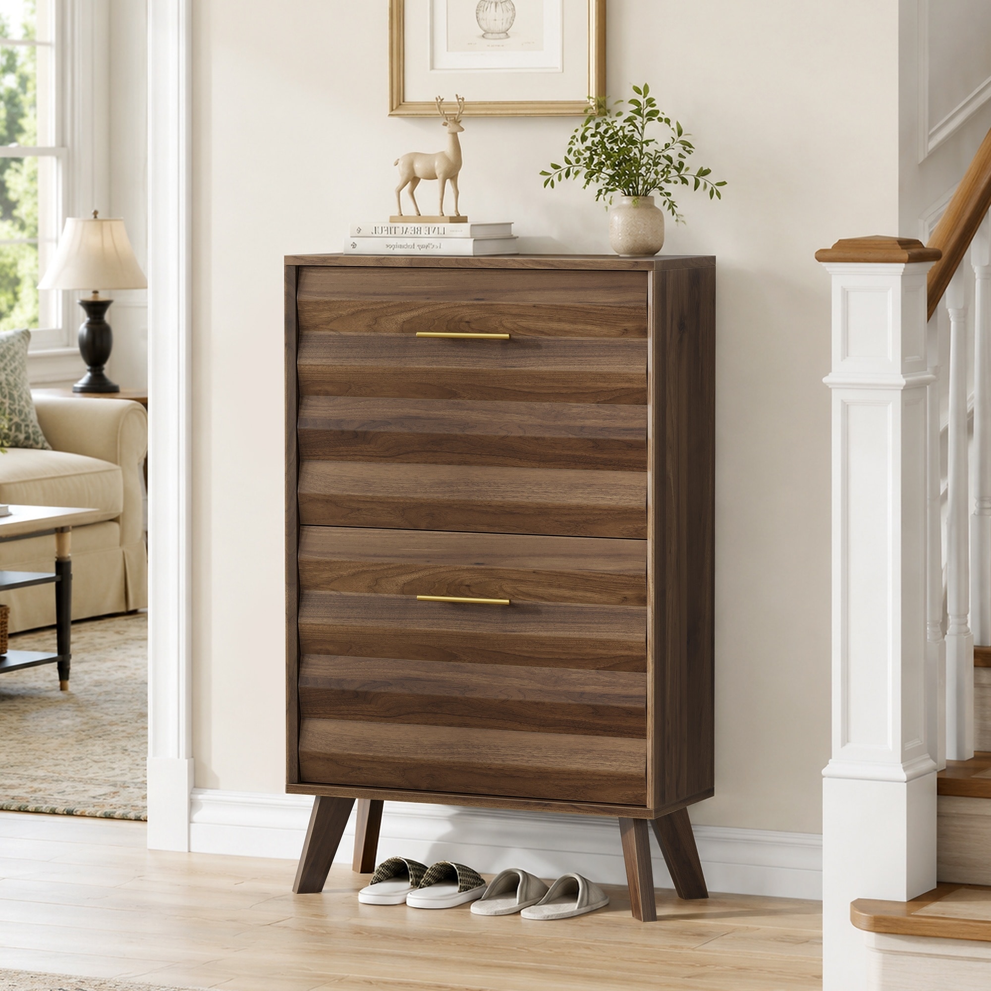 Horizons Prime 24 inch Walnut Wood Slim Flip-Top Shoe Cabinet with Double Flip-Top Doors and Large Capacity Storage
