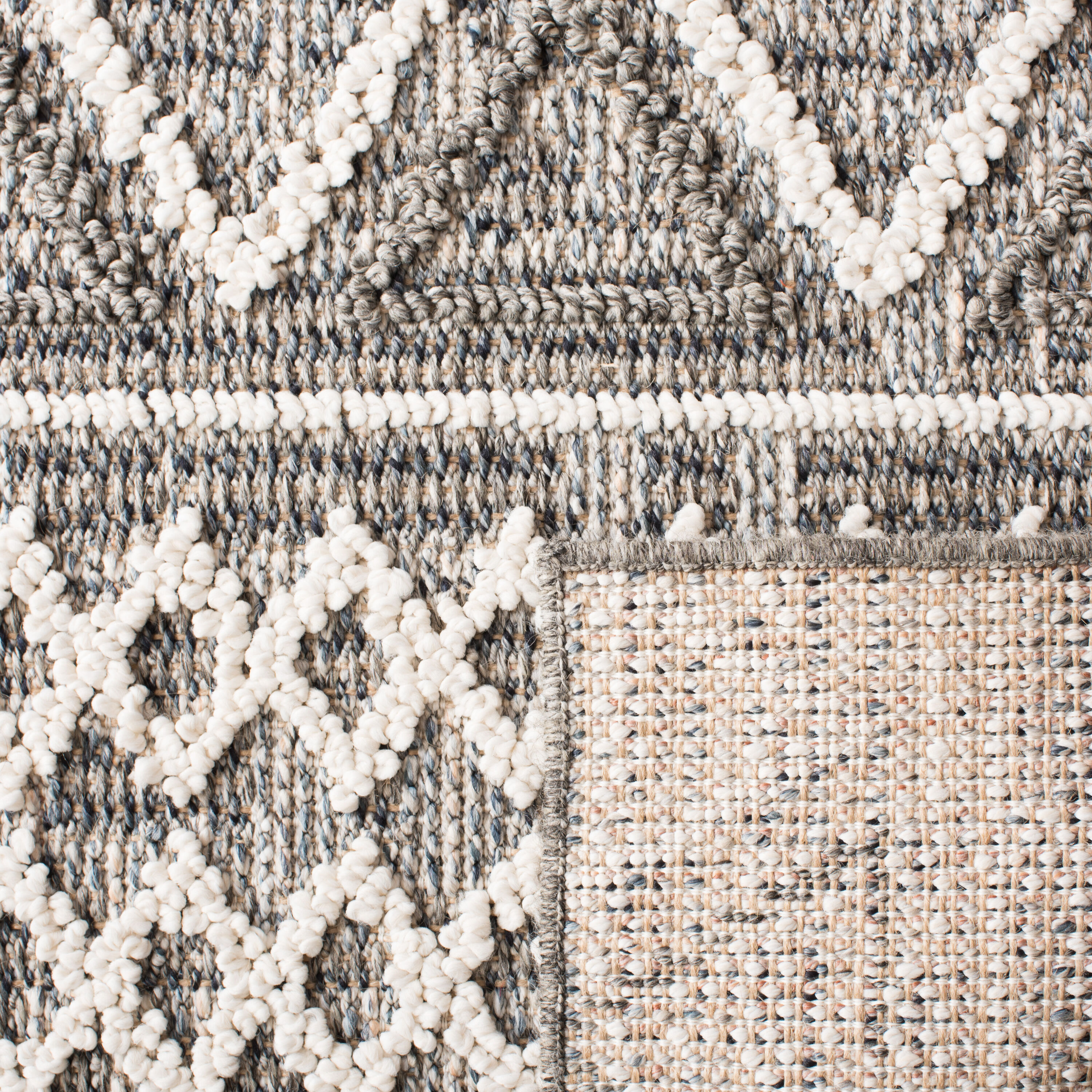Ivory and Grey Synthetic Square Boho Area Rug