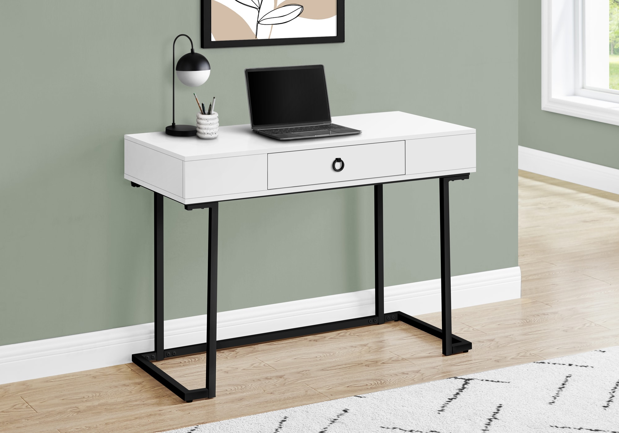 Tatayosi JL-219728 42 Inch Glossy White Computer Desk with Black Metal Frame and Drawer