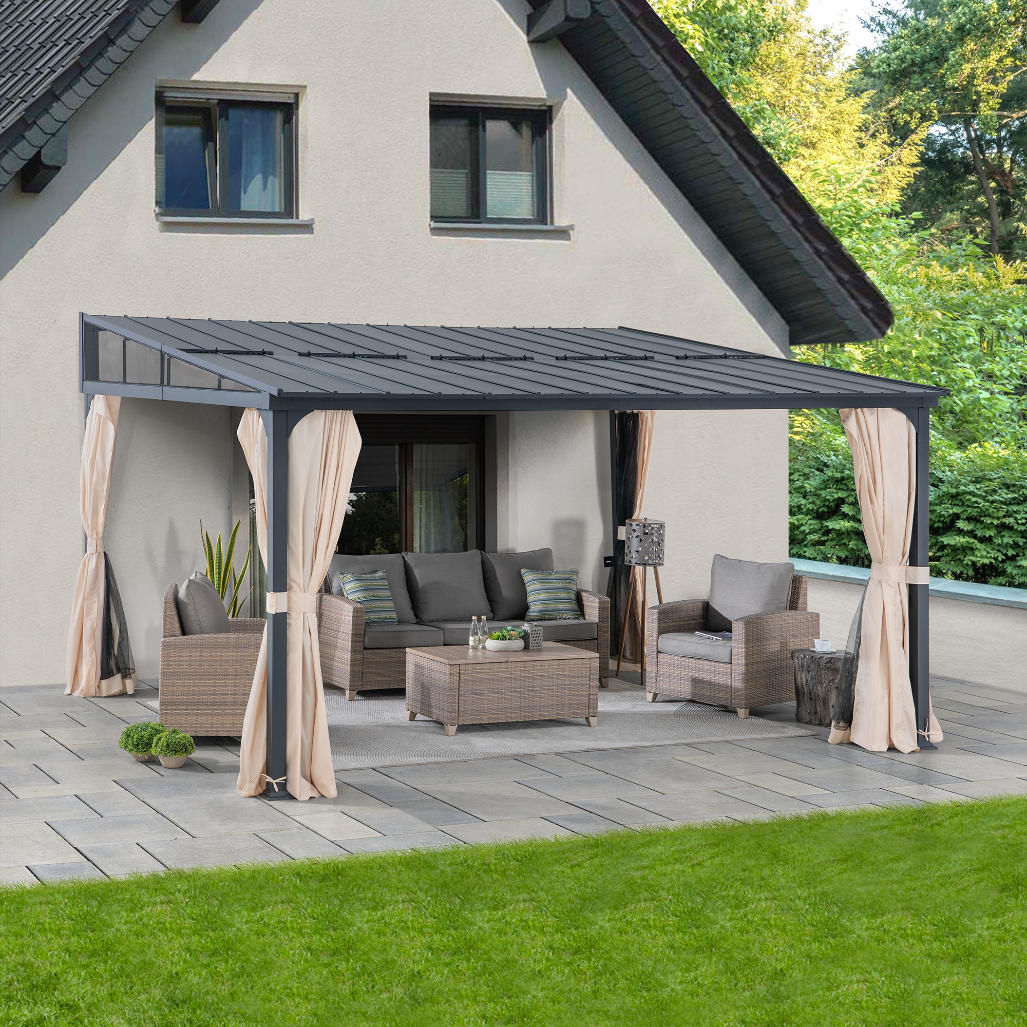 Sunjoy A1020309B0 12-ft x 14-ft Black Rectangle Gazebo with Hardtop Steel Roof