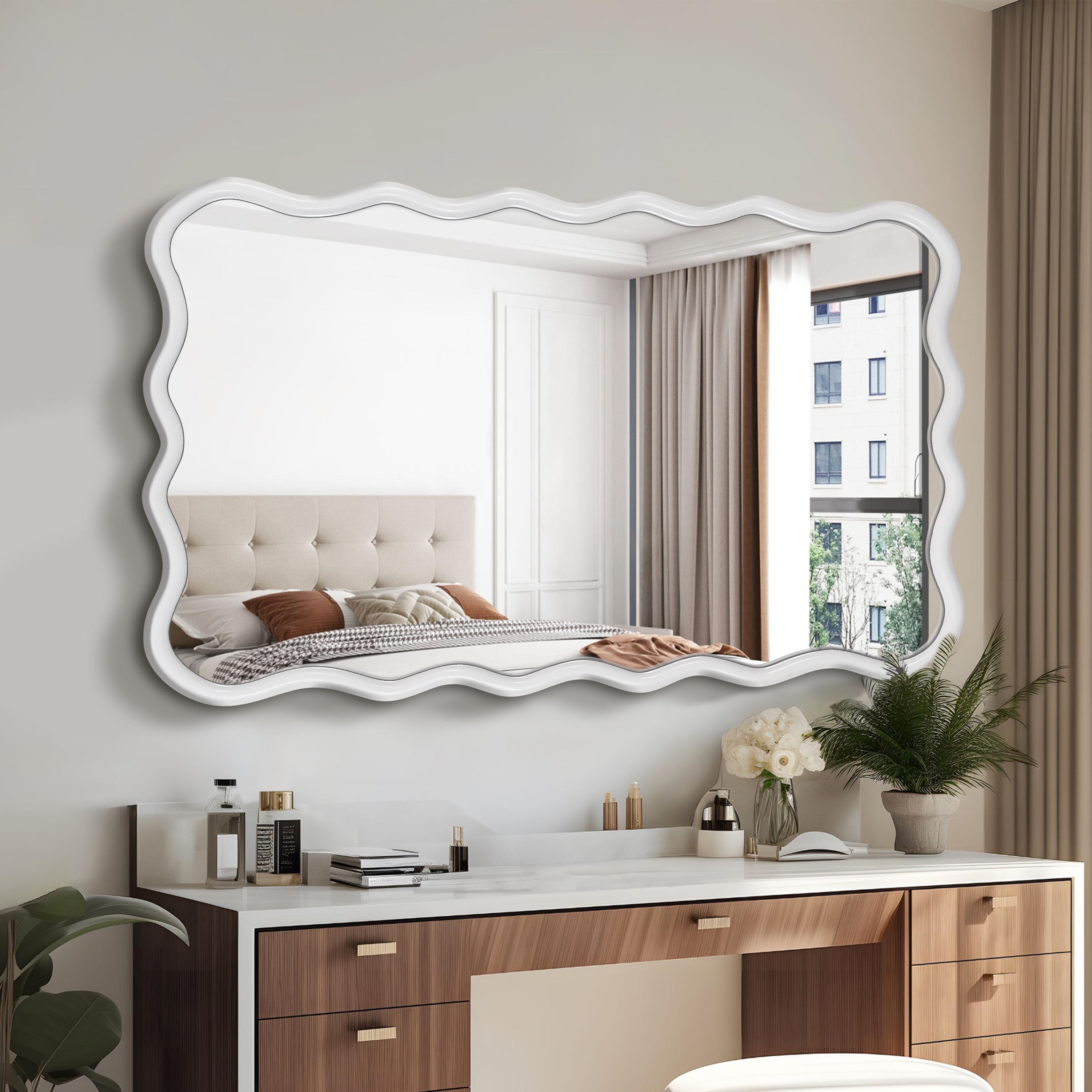 Bayfeve BF-246641-MIR Wavy Rectangle Mirror 40-in x 28-in Framed Rectangle Bathroom Vanity Mirror ( White )