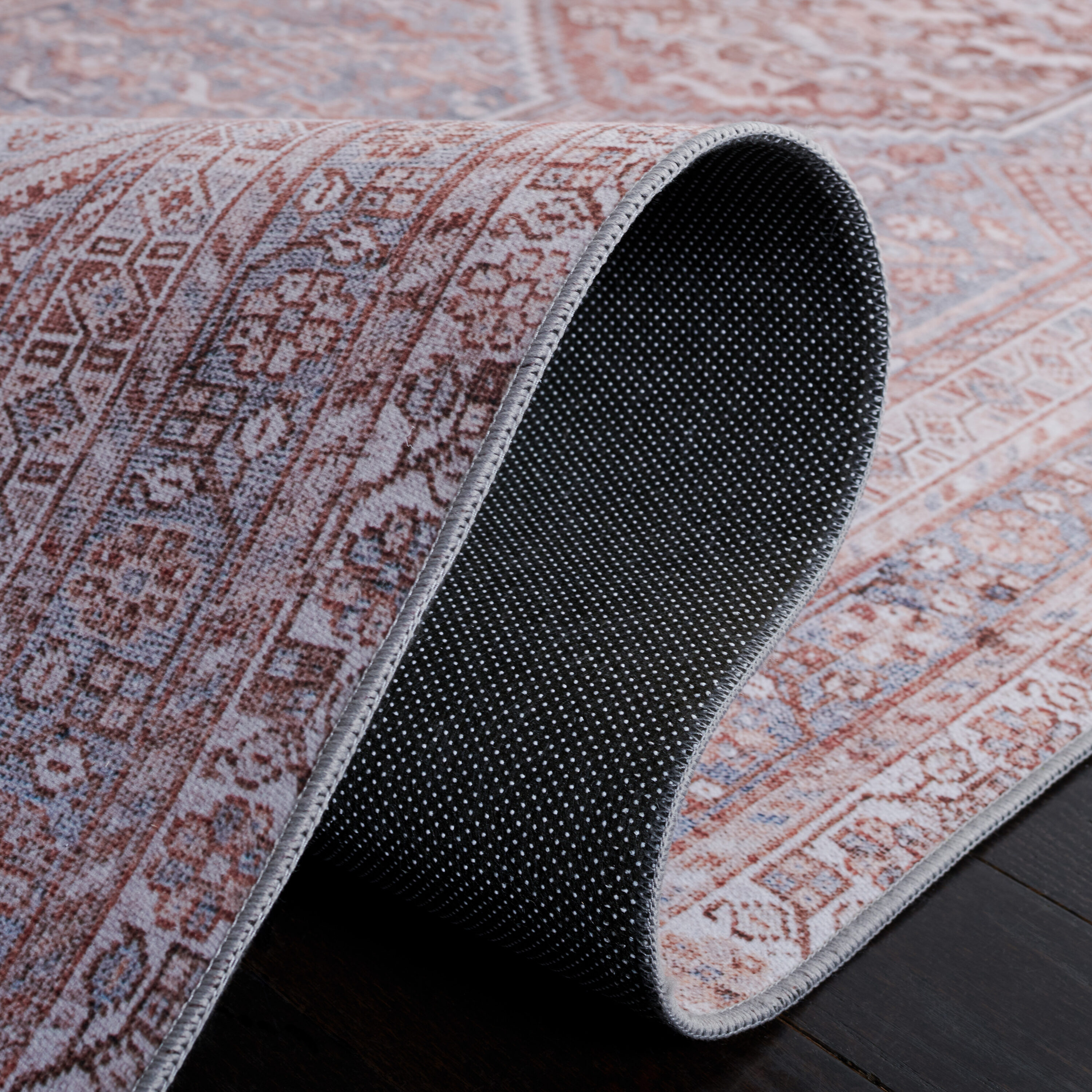 Gray and Rust Hand-Knotted Washable Synthetic Area Rug