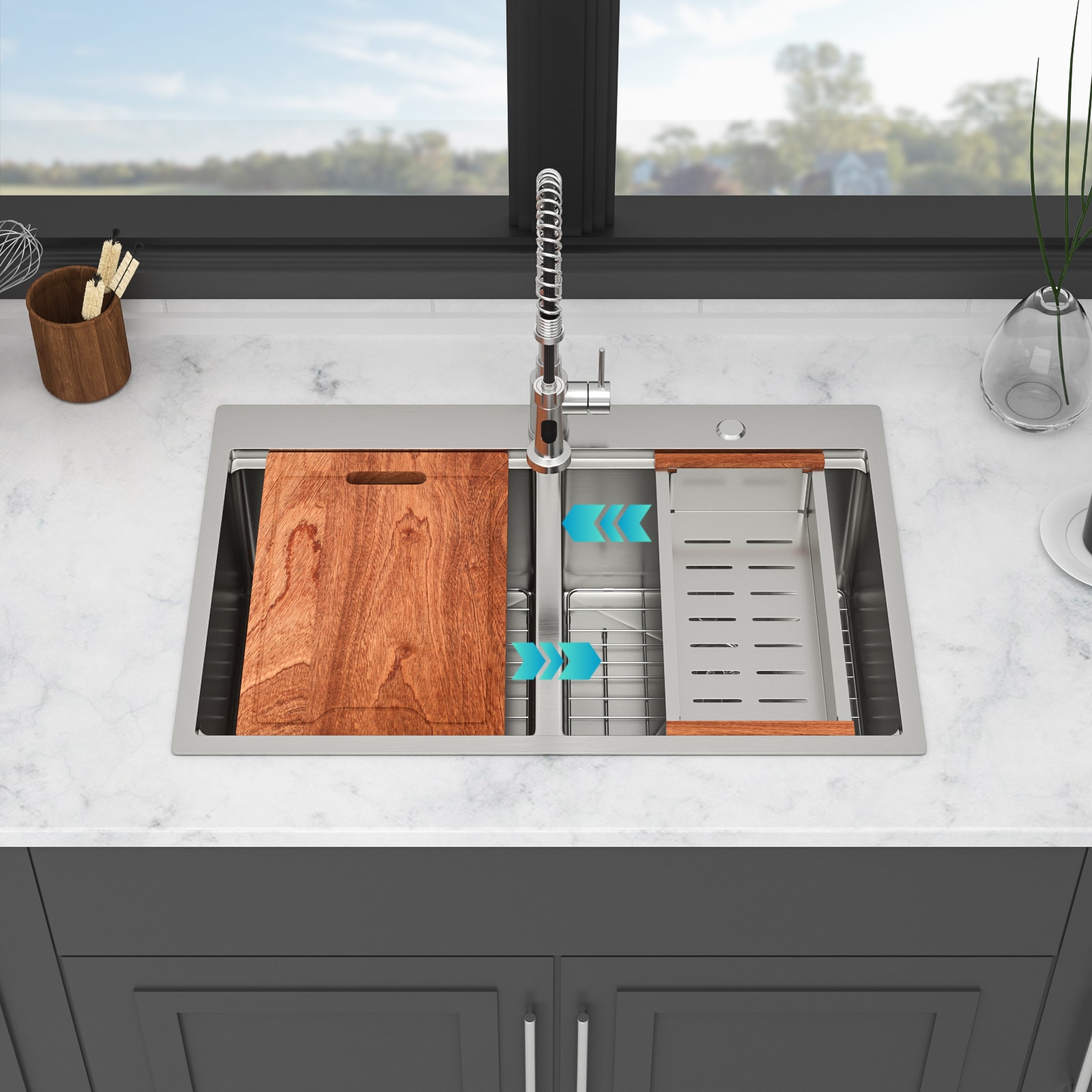 Tatayosi Topmount Drop in Kitchen Sink 33 inch x 22 inch x 10 inch Double Bowl 50-50 Kitchen Sink 16 Gauge with Two 10 inch Deep Basin Brushed Nickel