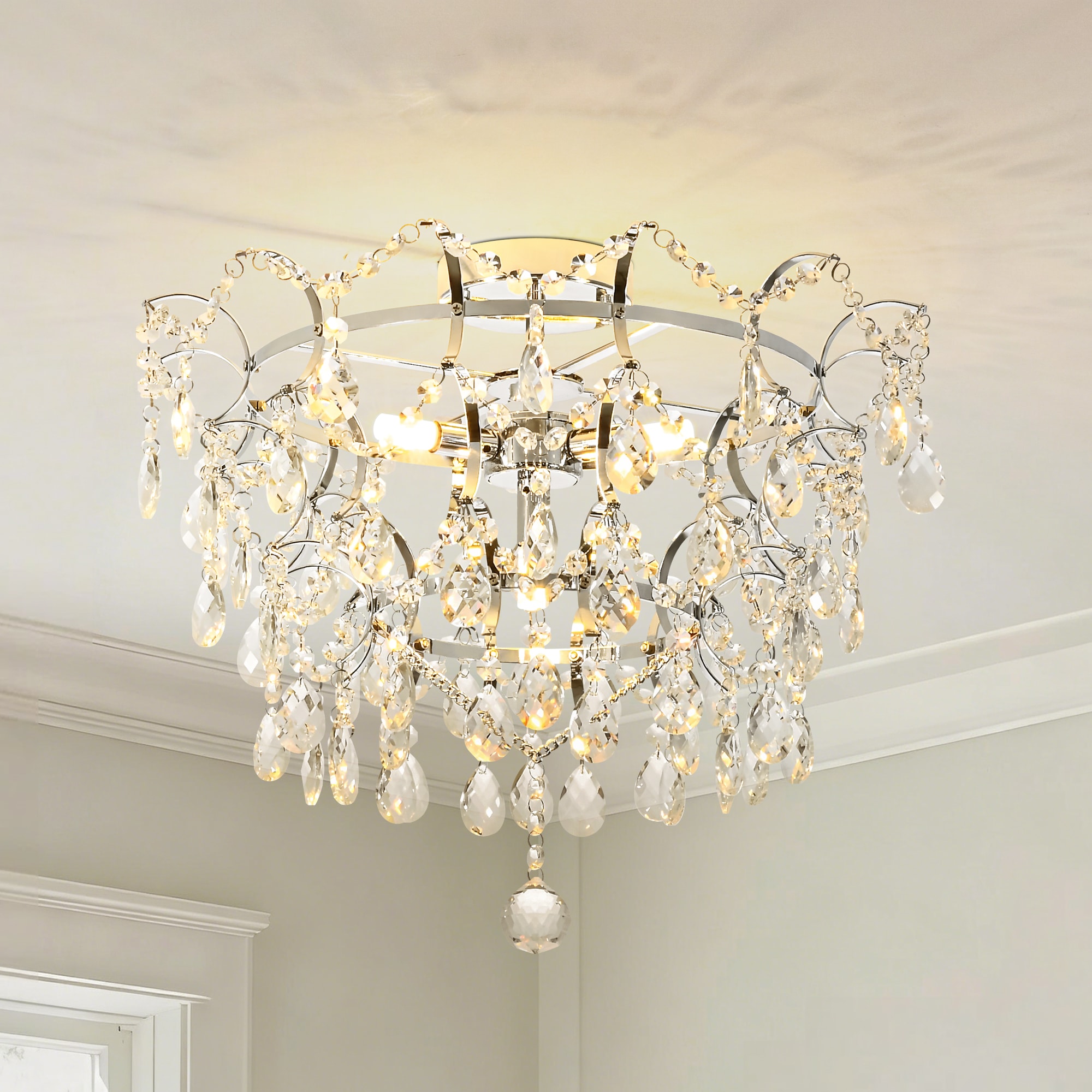 Y'INSP Myria 19.3-in Chrome Indoor 4 -Light Semi-flush Mount Light with Crystal Shade