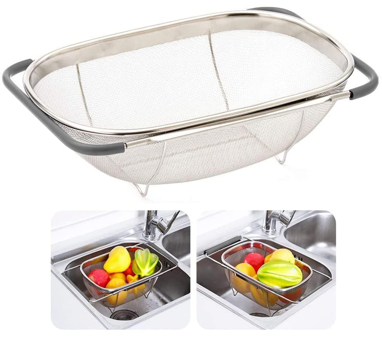 LILILIAN FMY  Over The Sink Colander 6 Quarts Stainless Steel Oval Colander with Expandable Rubber Grip Handle Fine Mesh Strainer Basket for
