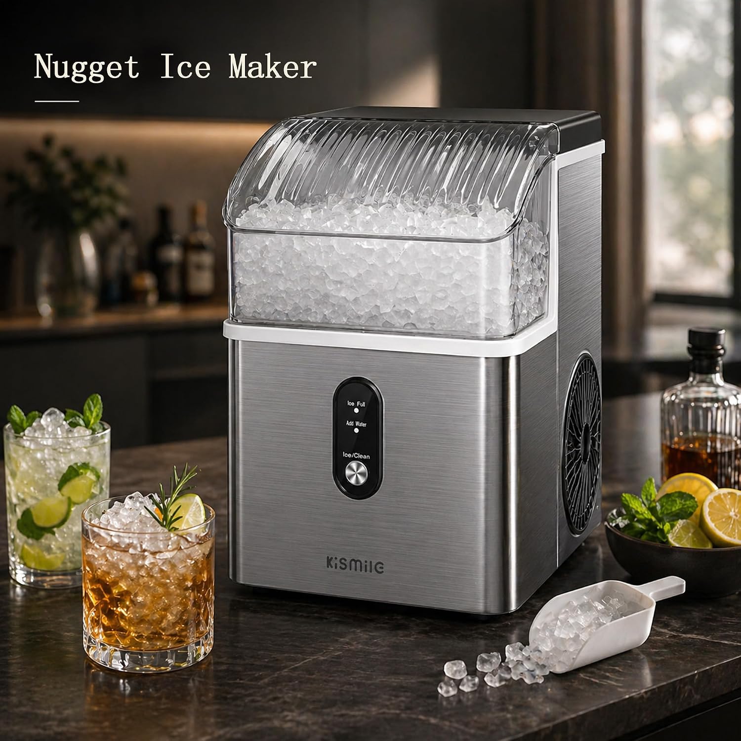Kismile Nugget Ice Maker Countertop Sonic Ice Maker with 35Lbs 24H ...