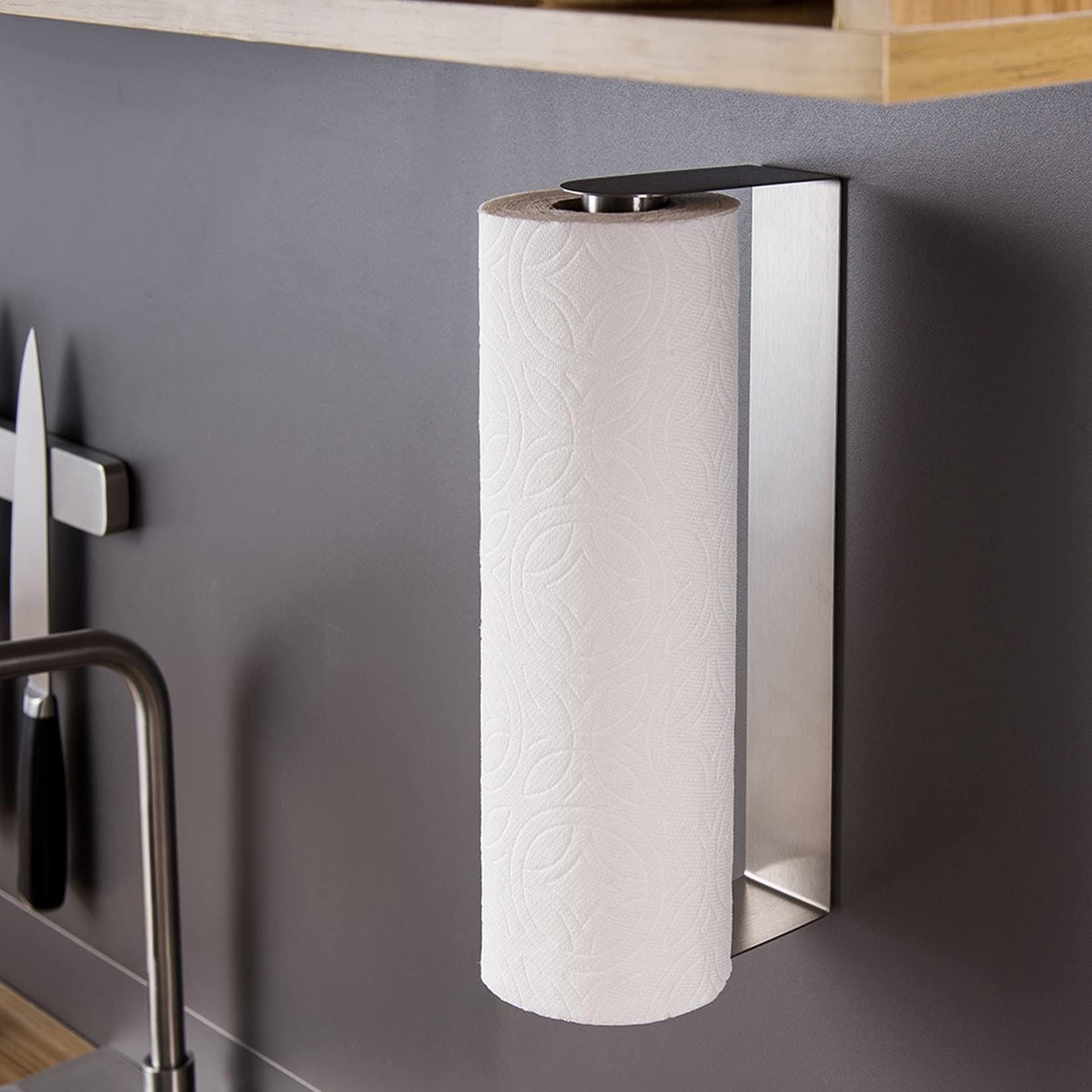 UUDULY  Stainless Steel Paper Towel Holder Under Cabinet Self Adhesive Wall Mount Rustproof Easy Tear No Drilling for Kitchen or Bathroom Fits