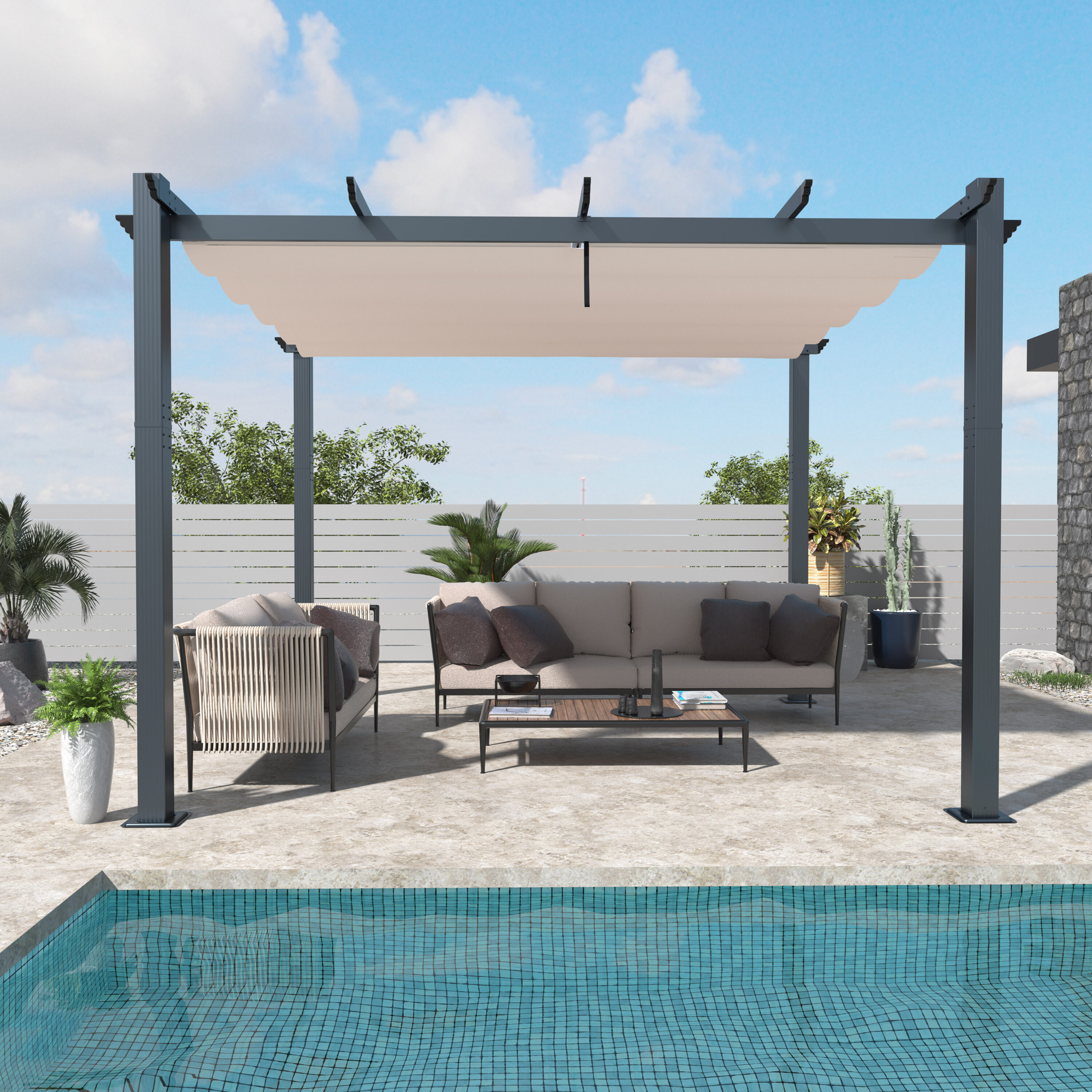 VEIKOUS PG0202-01-CW-N2 10-ft W x 10-ft L x 7-ft 3-in H Cream White Metal Freestanding Pergola with Canopy