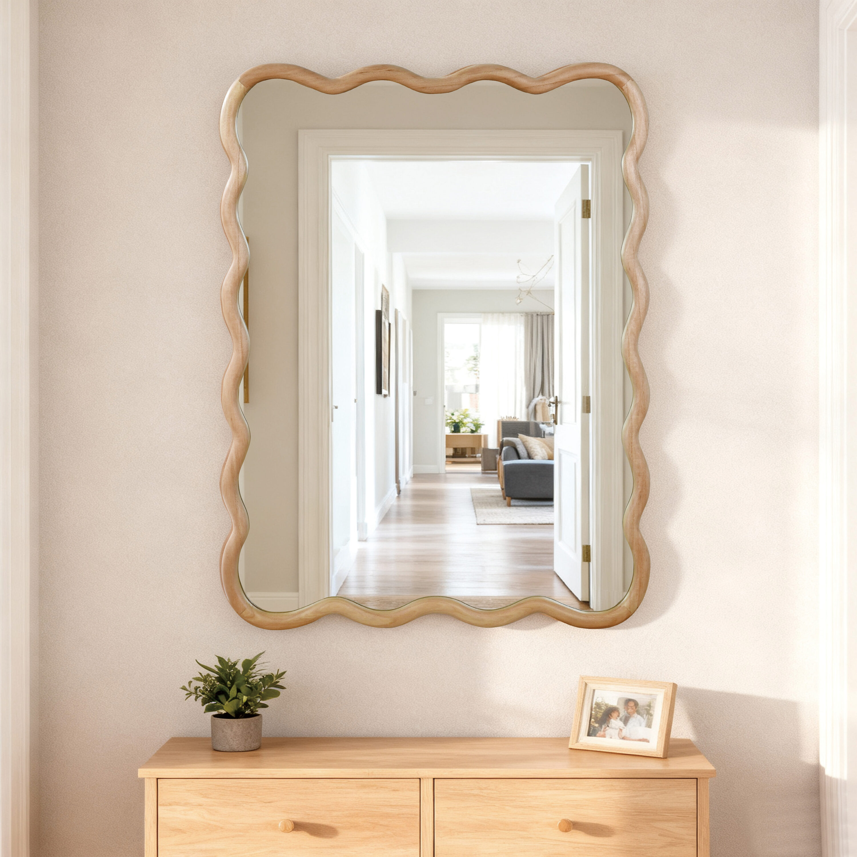 Wooakway 30 in.x40 in. Natural Wood Wavy Rectangle Solid Wood Frame Decorative Mirror