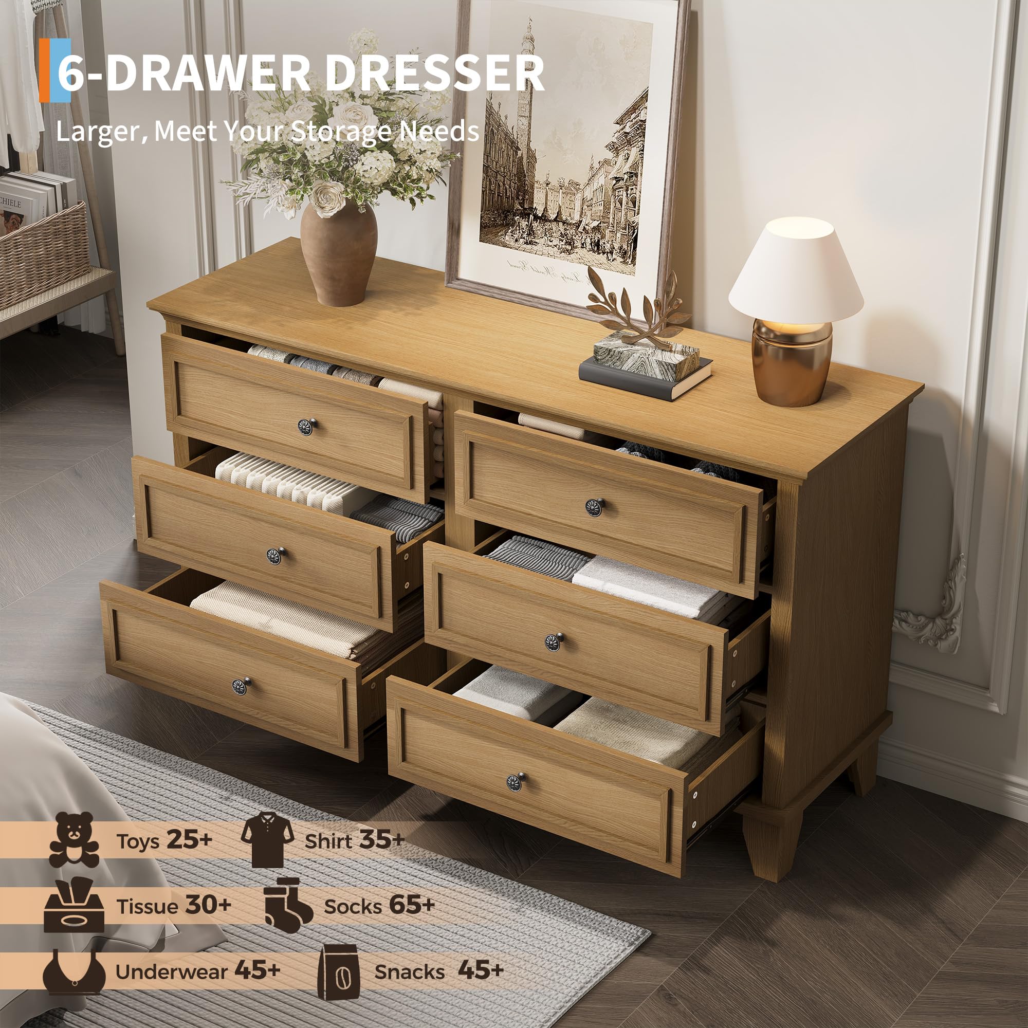 Garvee 6 Drawer Wide Dresser Storage Organizer Modern Wooden Chest of  Drawers with Metal Handles for Hallway Entryway Home Office Brown in the  Dressers department at Lowes.com
