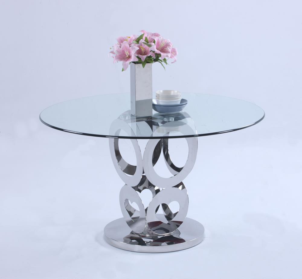 Chintaly Imports Raegan Polished Stainless Steel Round Contemporarymodern Dining Table Glass 9341