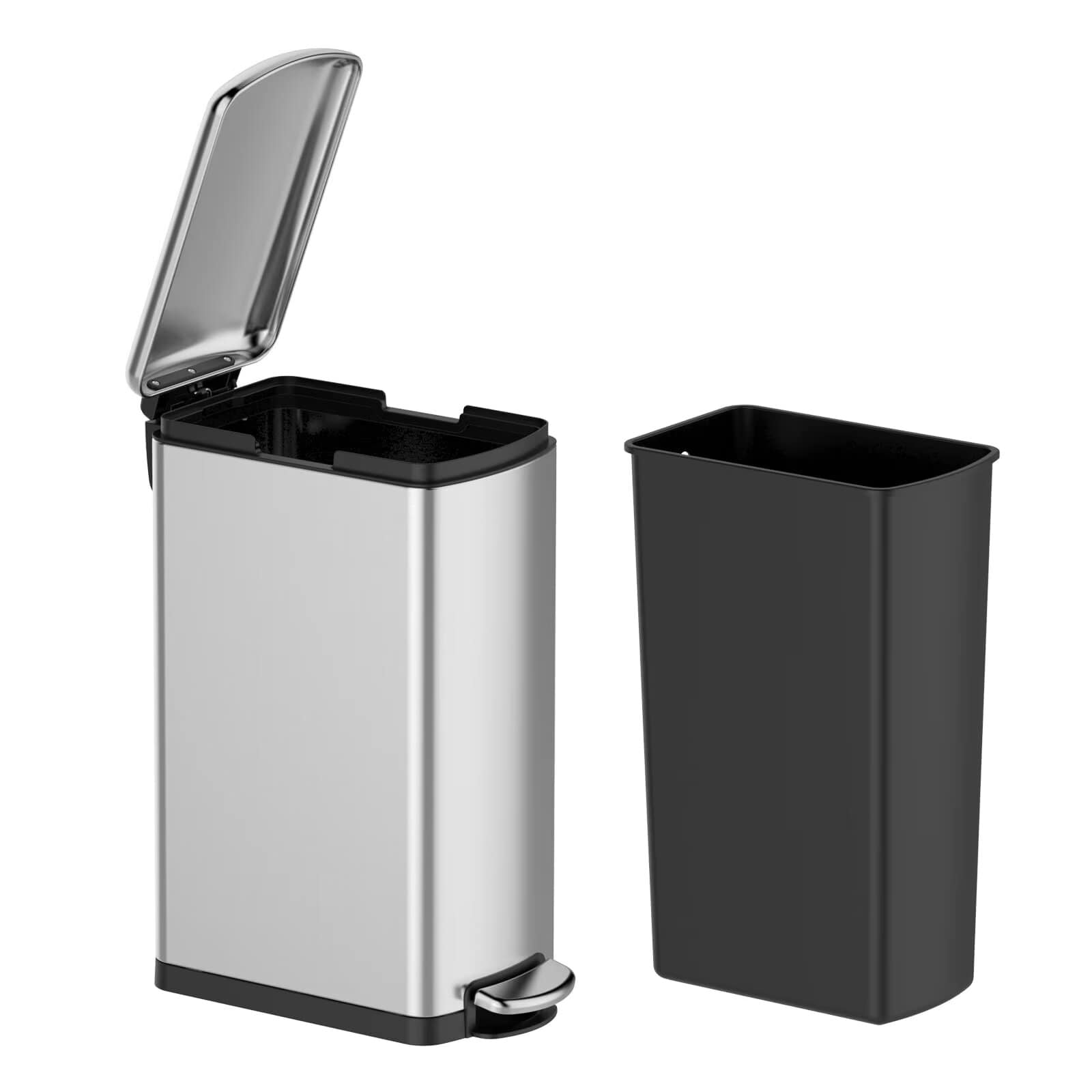 Qeetex JXNAG-PHO-13ZM0Y96 8 Gallon Trash Can Slim Kitchen Trash Can with Soft Close Lid Stainless Steel Trash Can with Removable Bucket Rectangular Waste Bins for Kitchen Bathroom Office-Silver