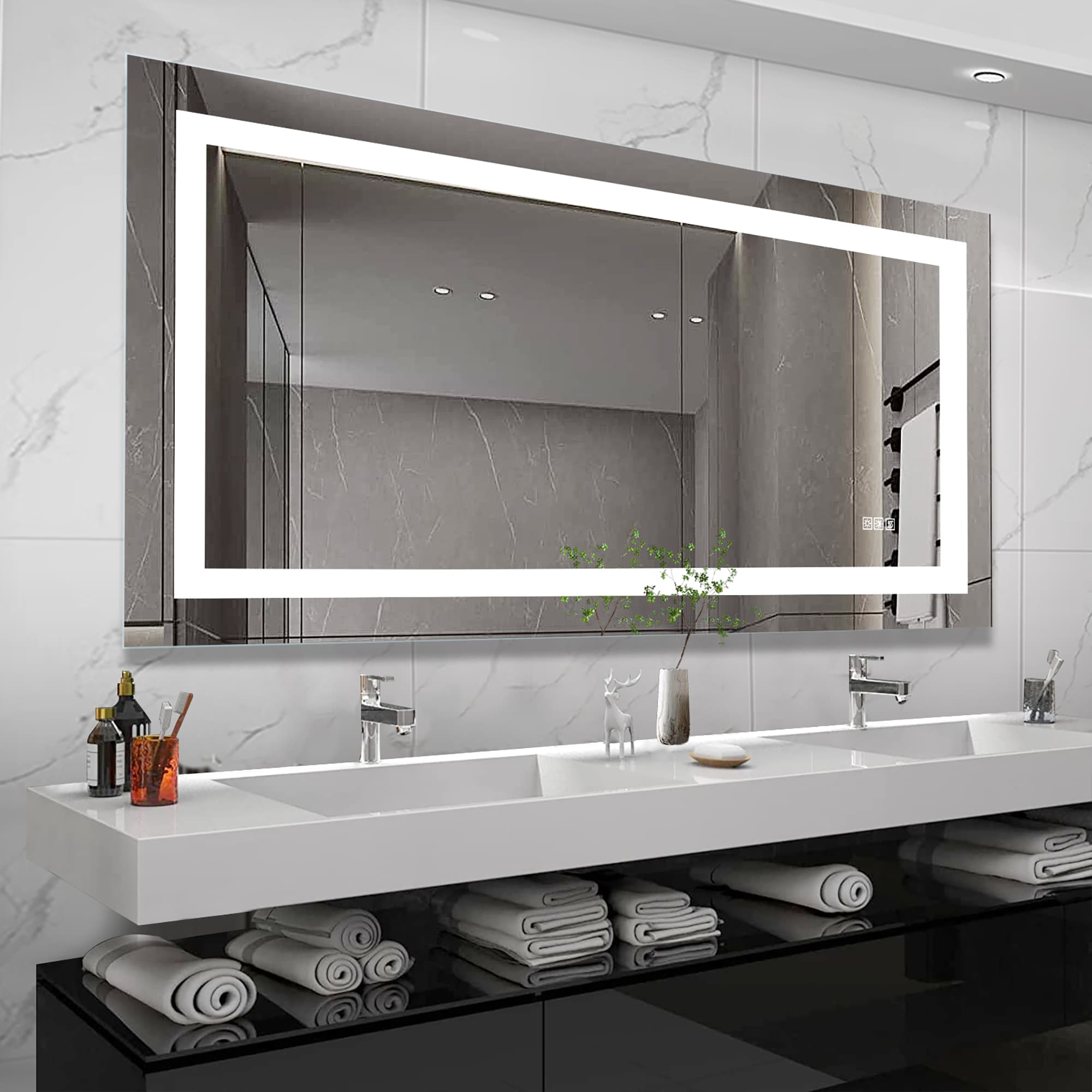 WELLFOR AY1340-7236 72-Inches x 36-Inches Beveled Frameless Rectangle Dimmable Lighted Fog Free Bathroom Vanity Mirror ( Silver )