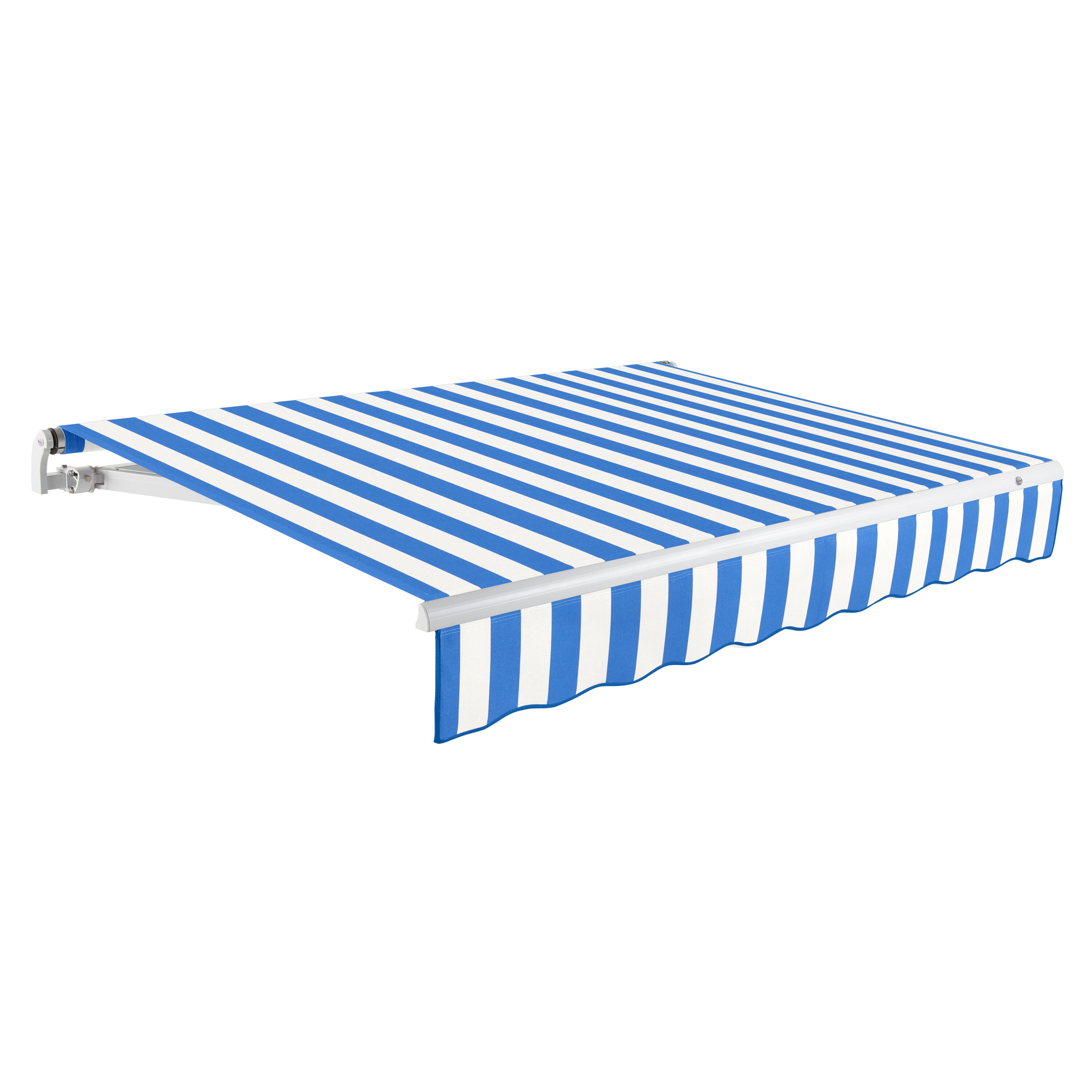 Awntech MTR12-L-BBW Maui Right Motor 144-in Wide x 120-in Projection x 10-in Height Fabric Bright Blue/White Stripe Striped Motorized Retractable Patio Awning
