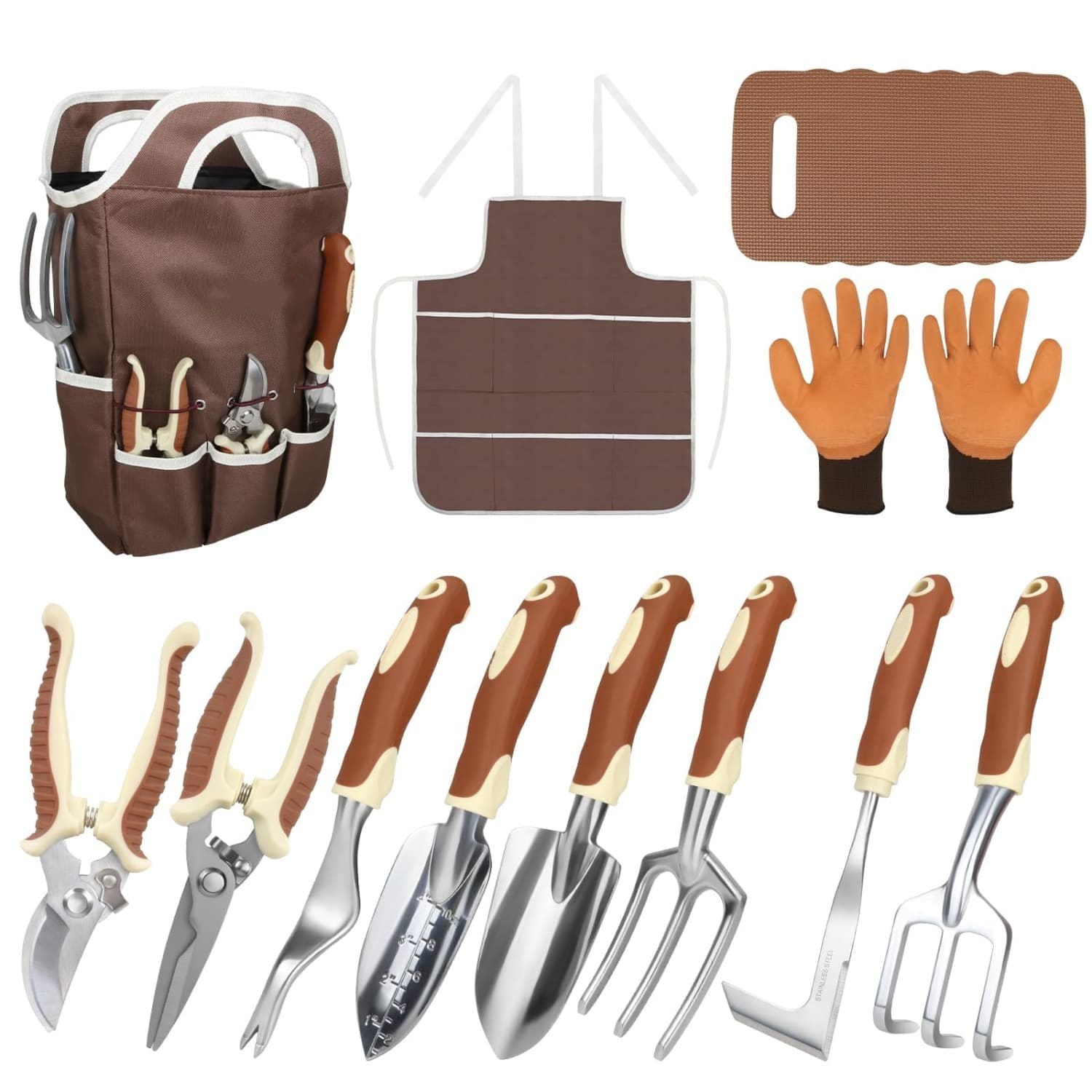 OGETFUUR 12 Piece Brown Garden Tool Set with Rubber Handle Garden Apron Gloves Kneeling Pad and Storage Bag one_size | L5FHA508GDHDTL