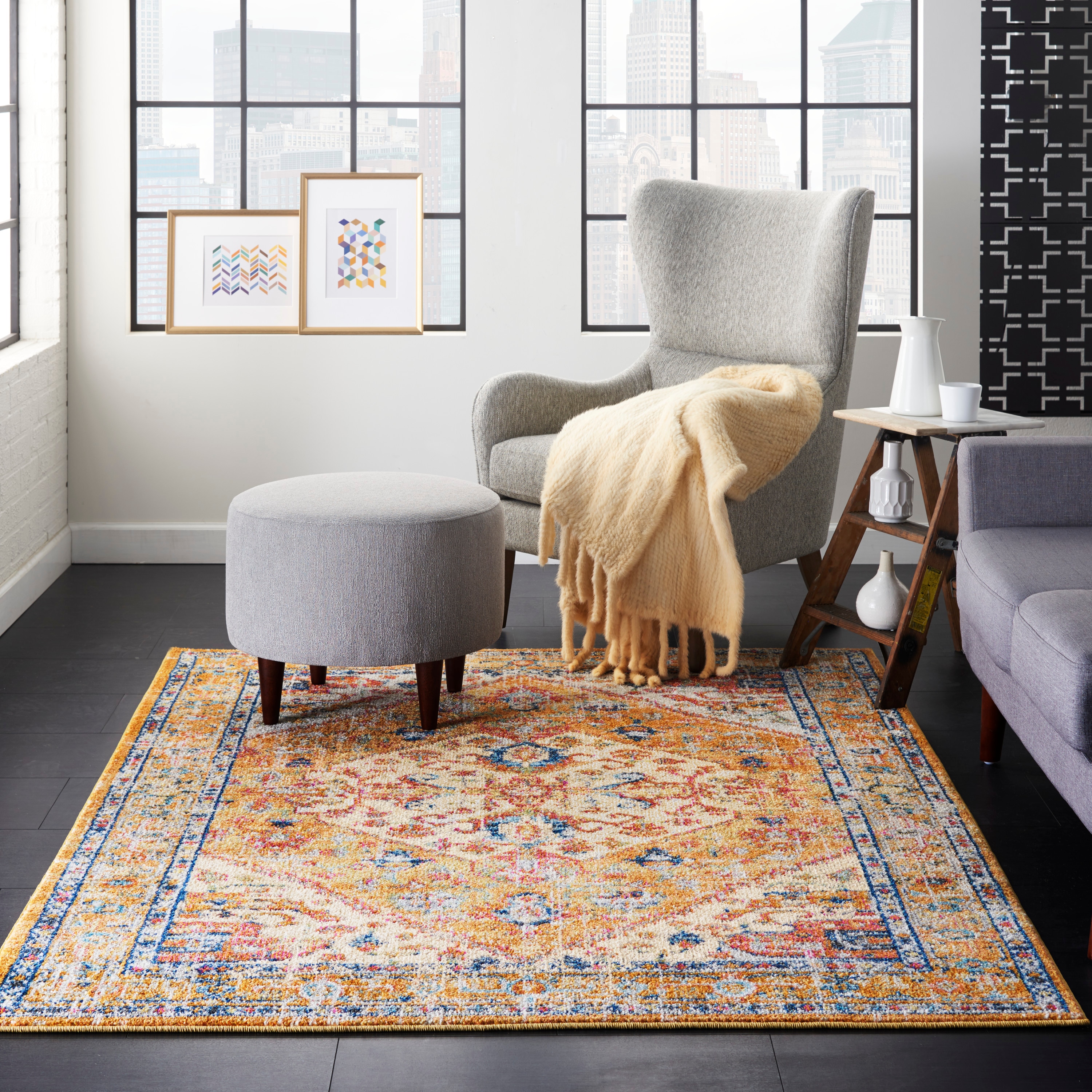Nourison 99446477293 Passion 5 x 7 (ft) Loomed Polypropylene Ivory/Yellow Rectangular Indoor Abstract Vintage Area rug