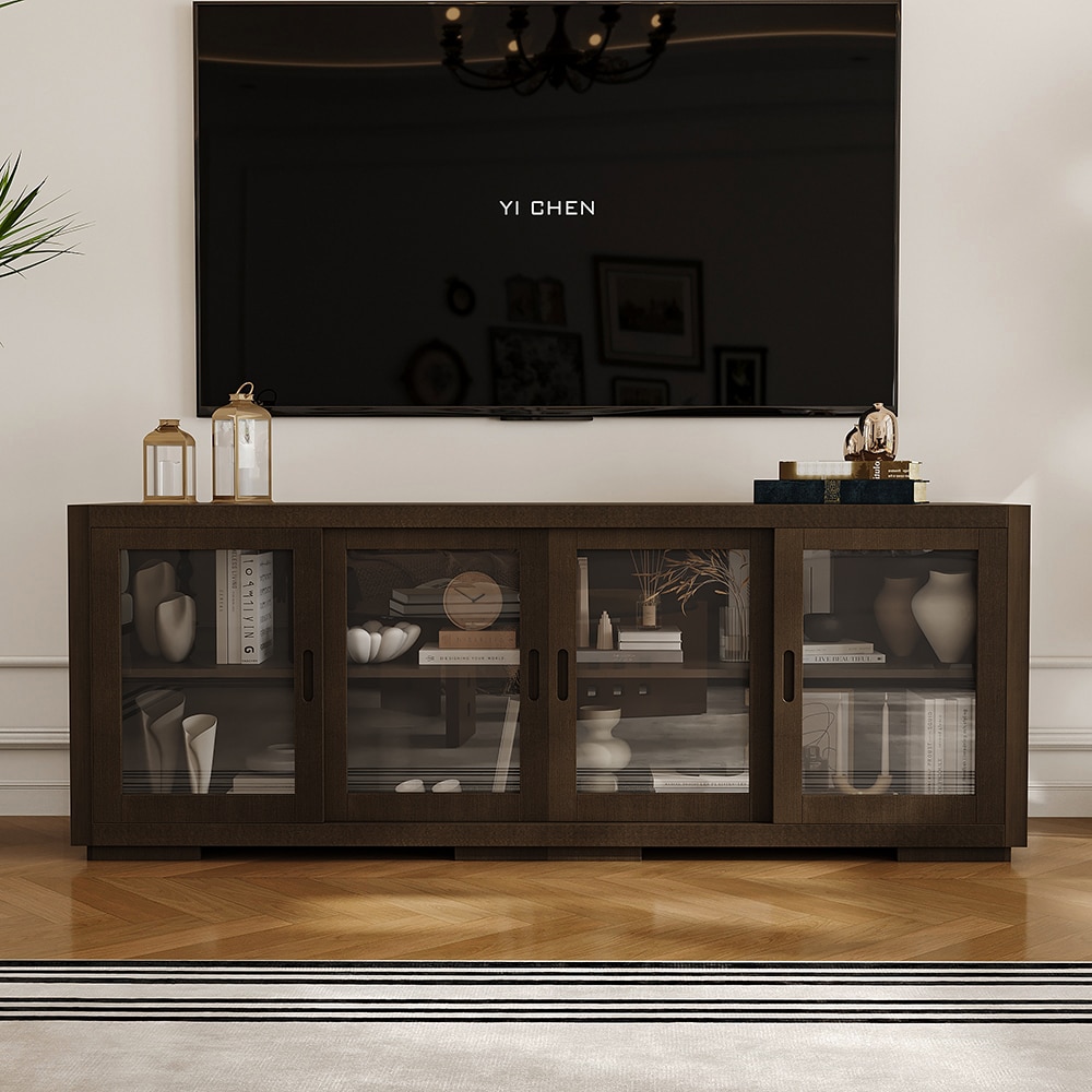 Homsee C-KF260184-02 Deep Brown Four-Door Sliding TV Console with Tempered Glass and Solid Wood Multilayer Construction – Spacious Entertainment Cabinet for Modern Living Rooms