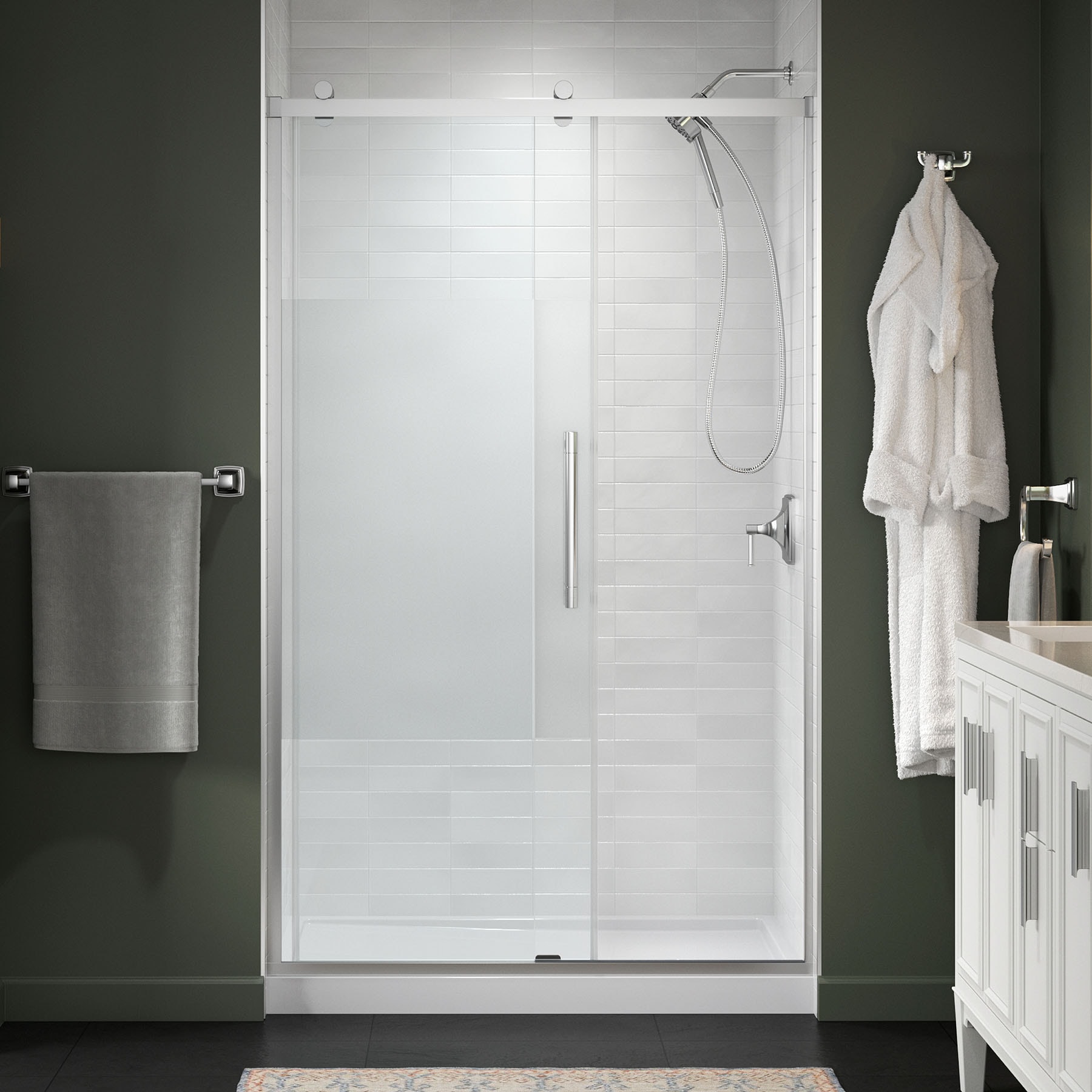 KOHLER 702472-8G81-SHP Premise Bright Polished Silver 44-in to 48-in W x 76.13-in H Frameless Sliding Soft Close Shower Door 5/16-in Thick Frosted Glass