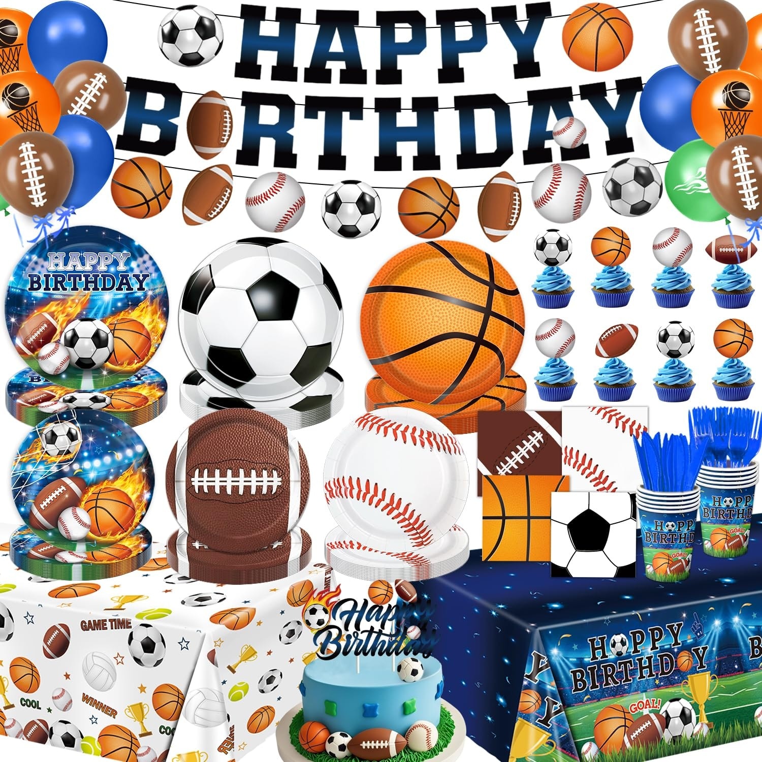 Misopily  Sports Birthday Party Decorations Kit 191 pcs Includes Plates Napkins Cups Utensils Banner Tablecloth Cake and Cupcake Toppers Balloons