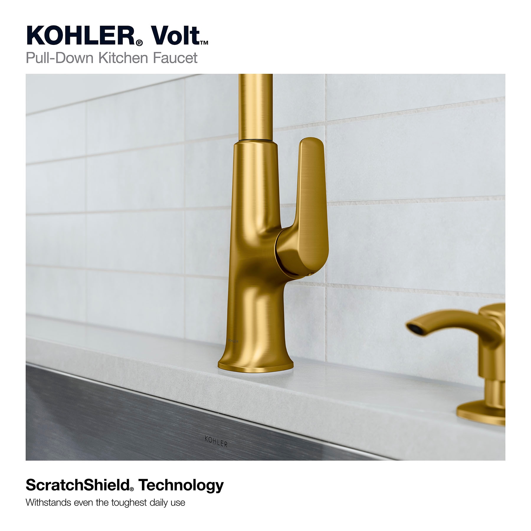 KOHLER Ealing Vibrant Brushed Moderne Brass Single Handle Pull-down Kitchen  Faucet with Deck Plate and Soap Dispenser Included in the Kitchen Faucets  department at