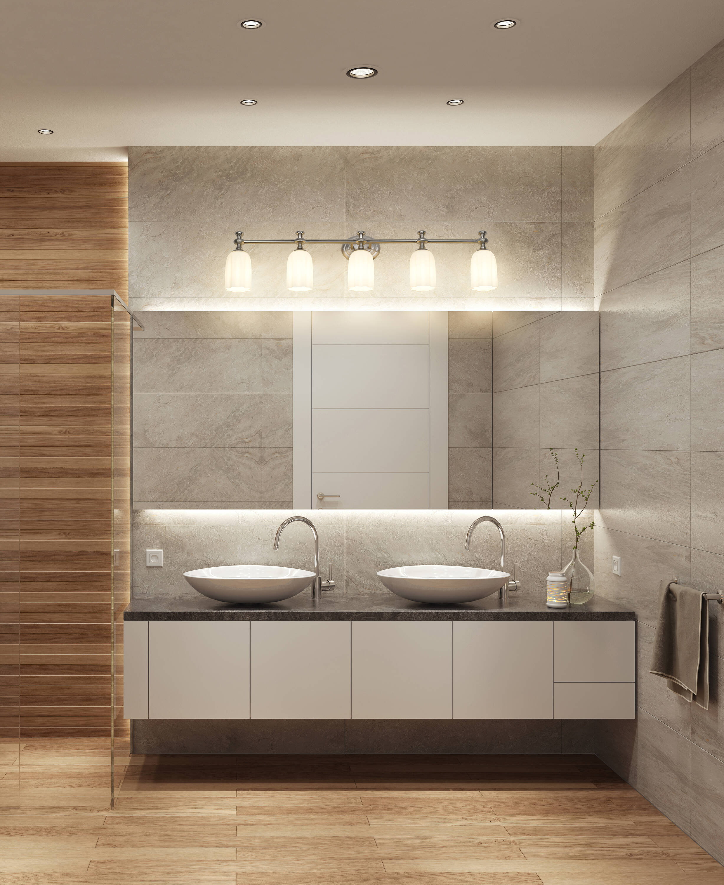 Orion Brushed Nickel 5-Light Vanity with Opal Glass Shades