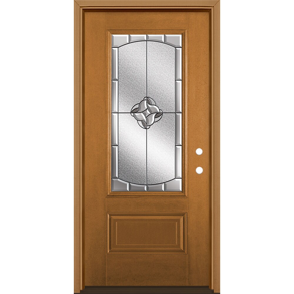 Masonite 3422809 Rozet 36-in x 80-in x 4-9/16-in Fiberglass 3/4 lite Left-hand inswing Oakcrest Stained Prehung Single door Front Door with Brickmould Insulating core Decorative glass