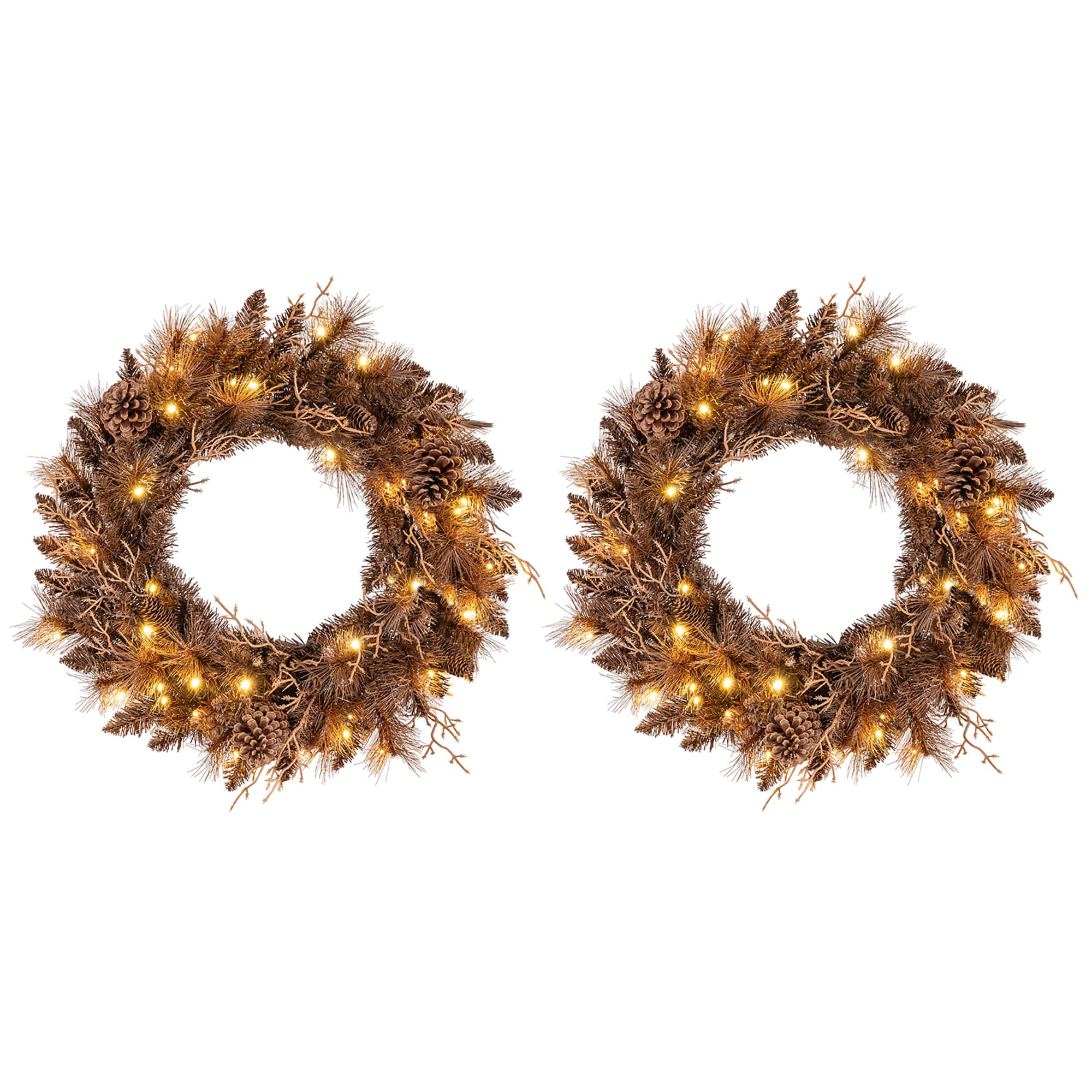 Costway - 2 -Pack 24-in Pre-lit Indoor/Outdoor Battery-operated Brown Pine Artificial Christmas W...
