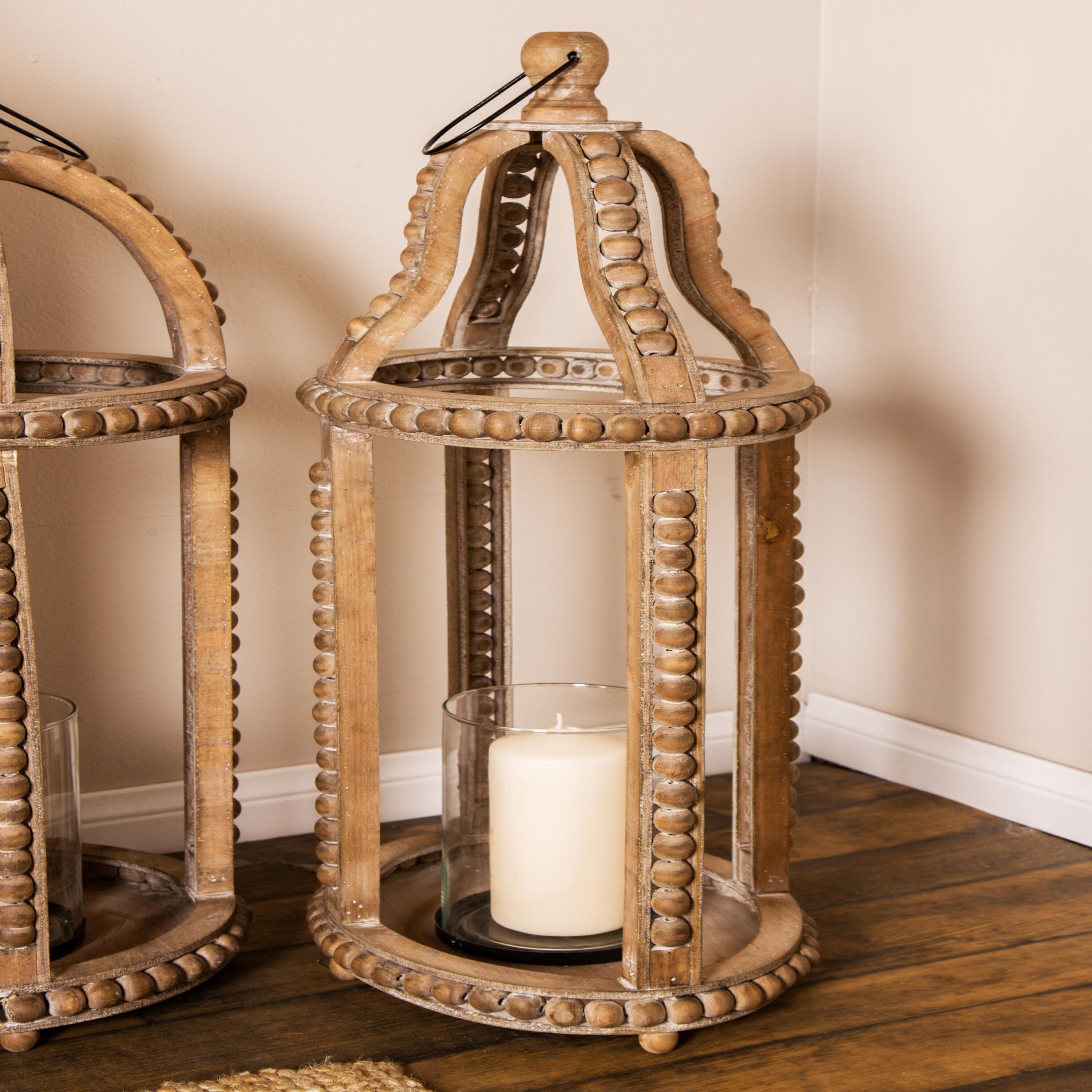 Rustic Farmhouse Reclaimed Wood Beaded Hanging Candle Lantern