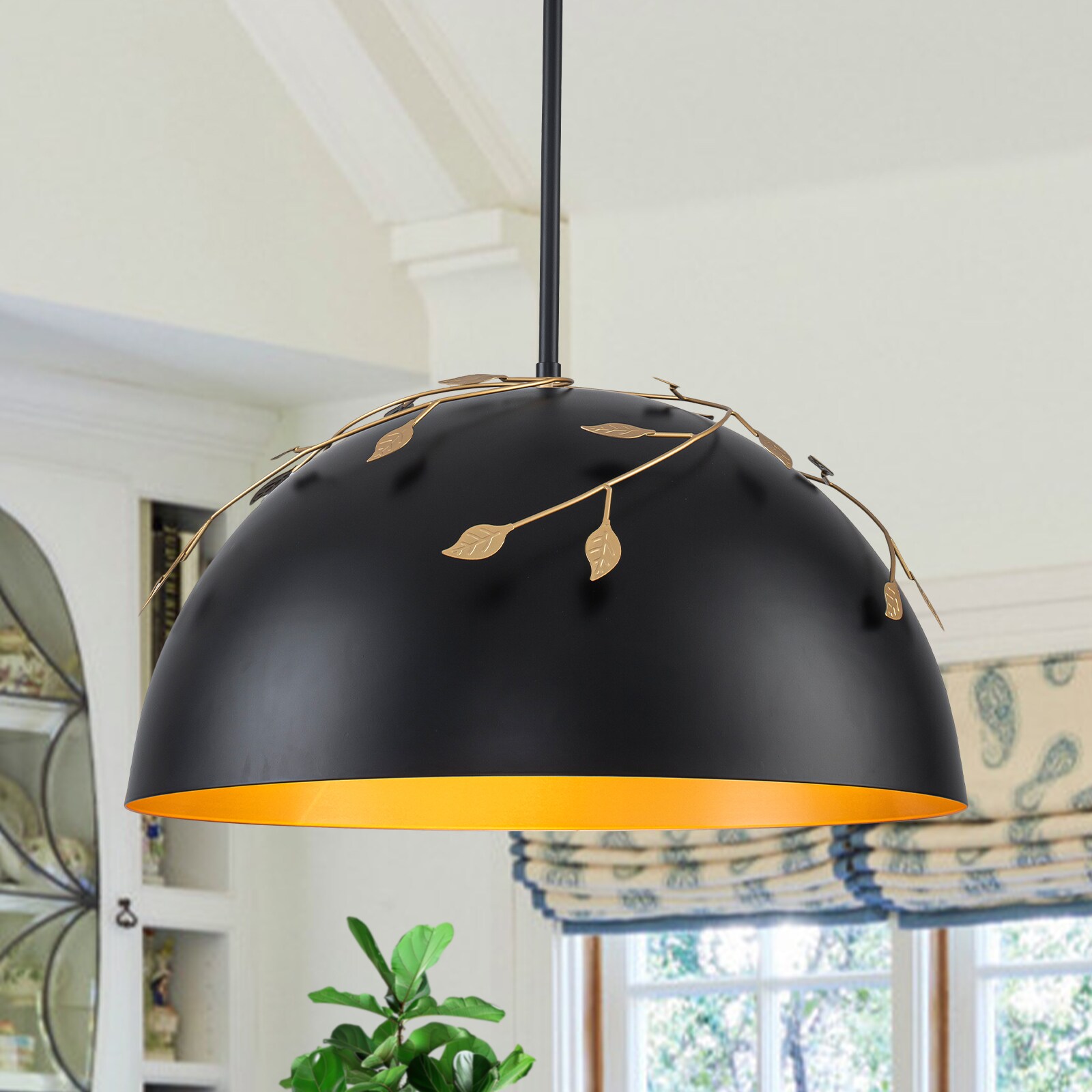 MENCOLULU 19.69 inch Dome Pendant Light With Gold Leaf Accents and Gold Interior 3 -Light Matte Black Industrial Metal Dome Large Hanging Convertible pendant/Semi-flush Light