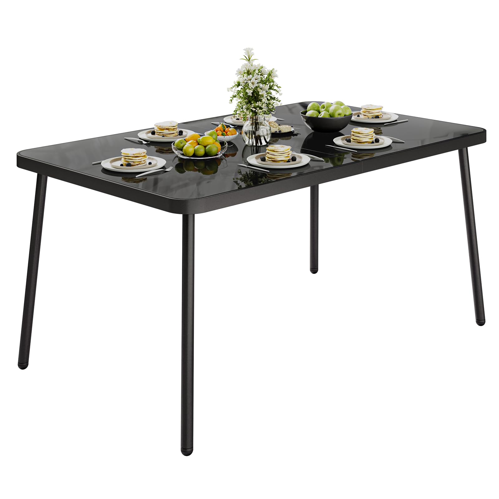 59 Inch Tempered Glass Patio Dining Area Table With Metal Frame Rectangular-Shaped Table For 4-6 People Color For Porch Balcony Backyard And Poolside Use - Black Finish