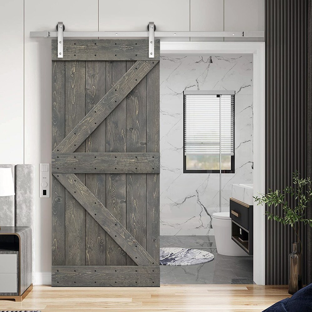 Calhome 36 In X 84 In Weather Gray Pine Wood Single Barn Door Hardware Included In The Barn 