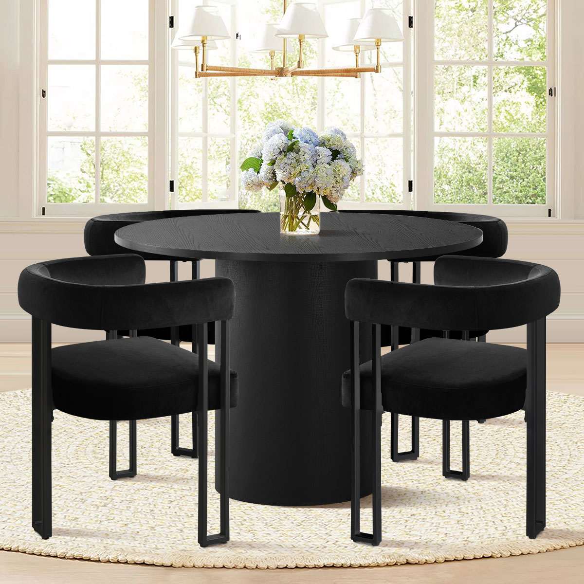 Maison Boucle 5 Piece Round Black Dining Table Set with Pedestal Table ...