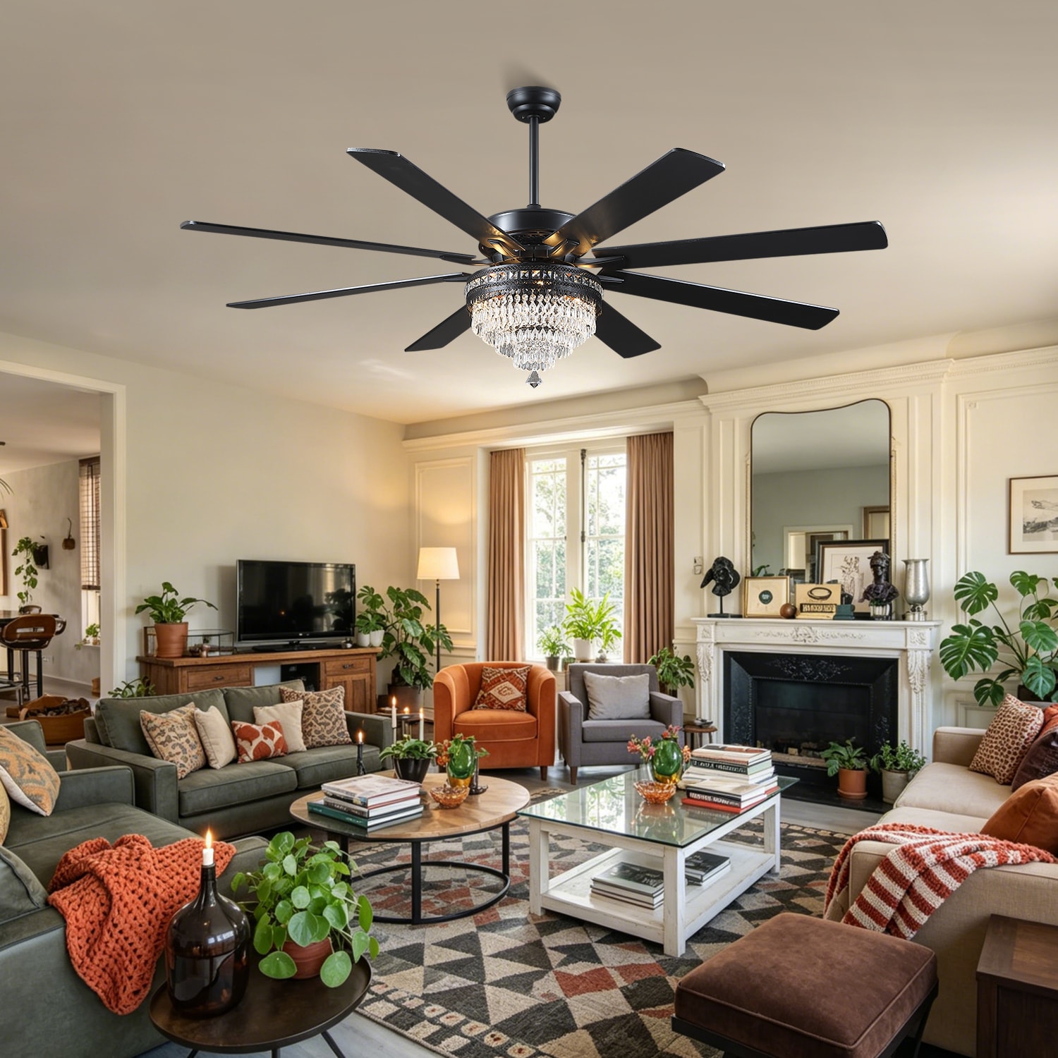Kviflon 72 in Black Crystal Ceiling Fan with Light Oversized Modern Chandelier Ceiling Fan Quiet Reversible Motor Remote Control K9 Crystal Indoor Fan